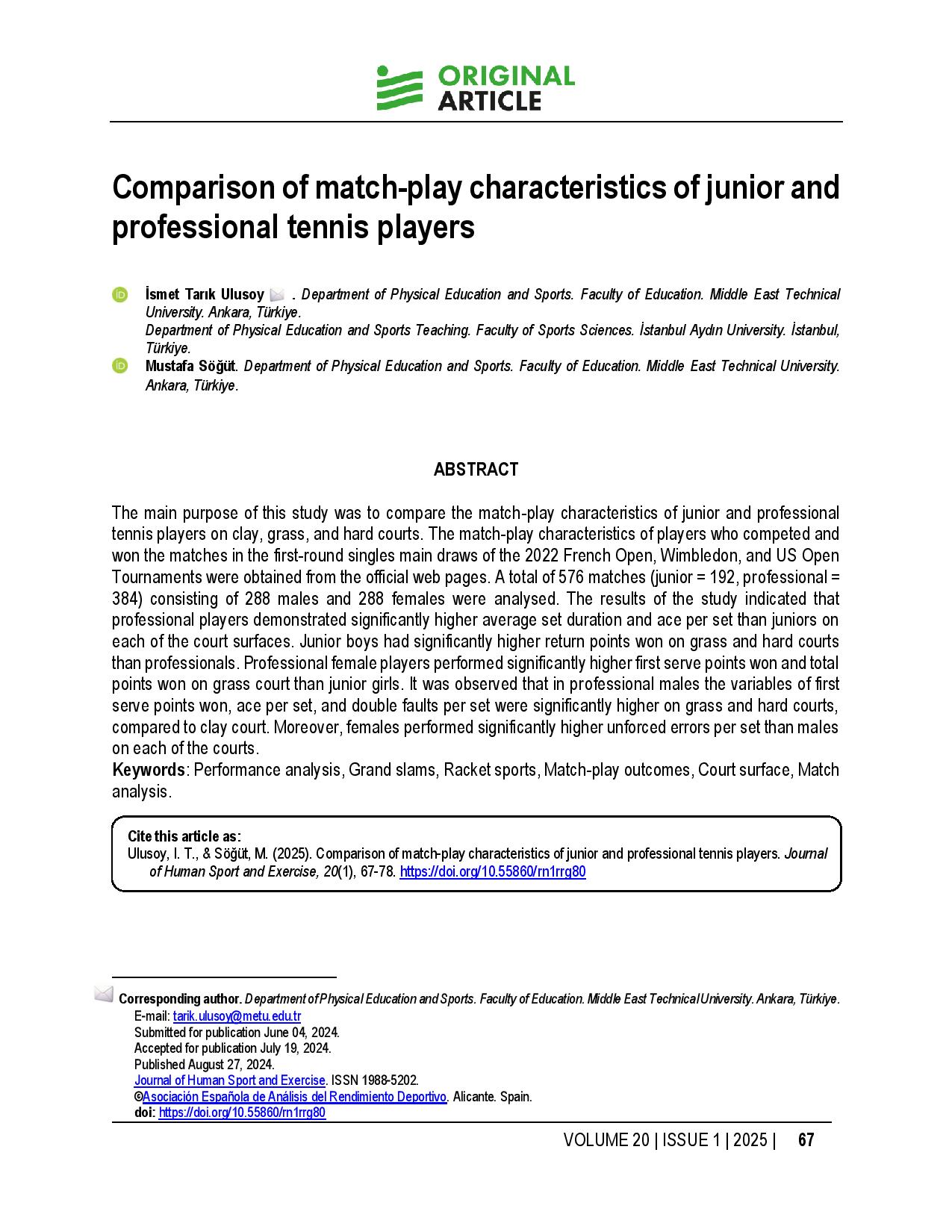 Comparison of match-play characteristics of junior and professional tennis players