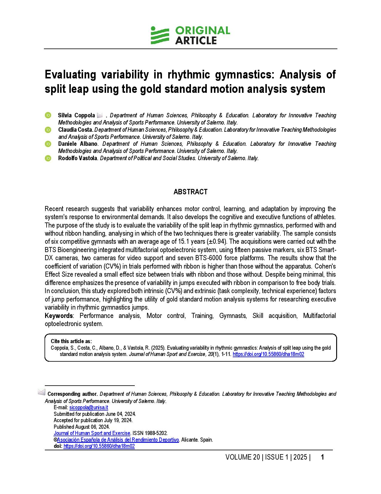 Evaluating variability in rhythmic gymnastics: Analysis of split leap using the gold standard motion analysis system