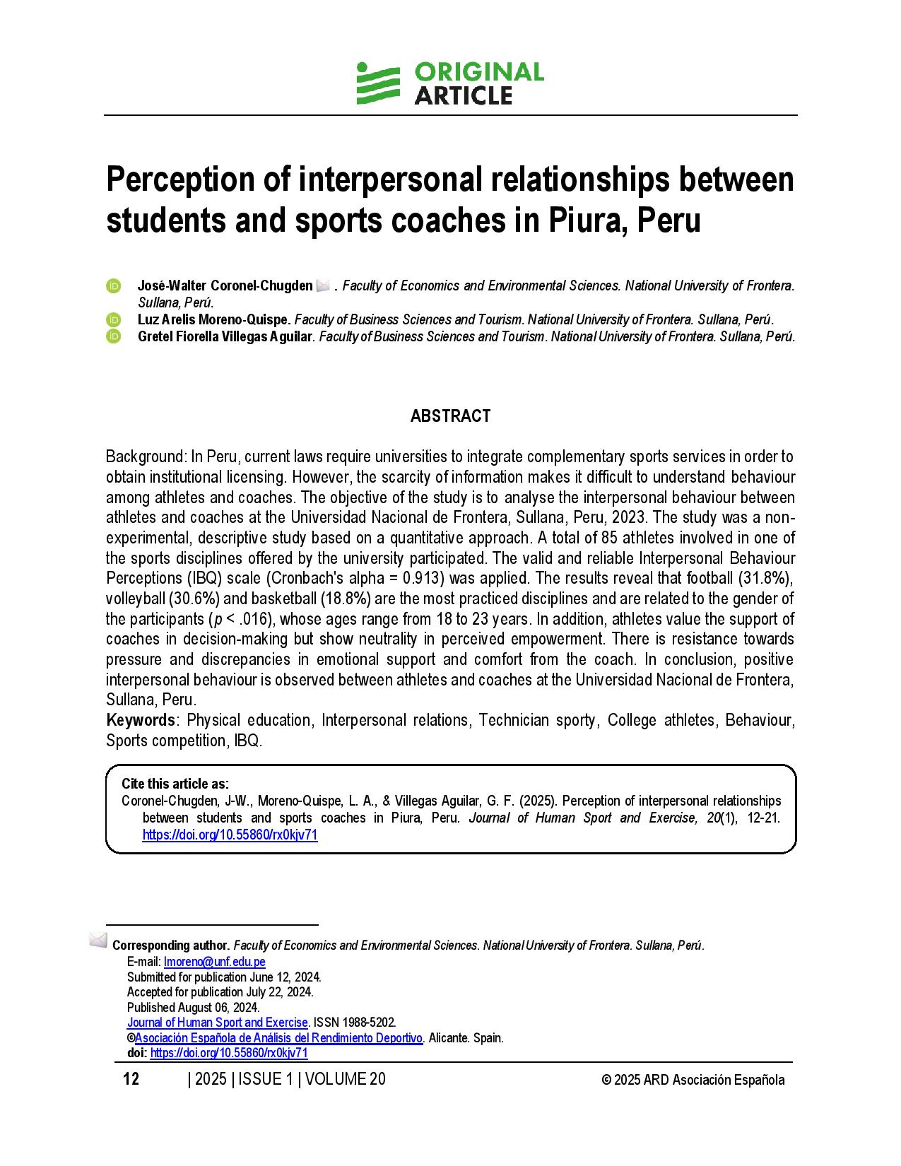 Perception of interpersonal relationships between students and sports coaches in Piura, Peru