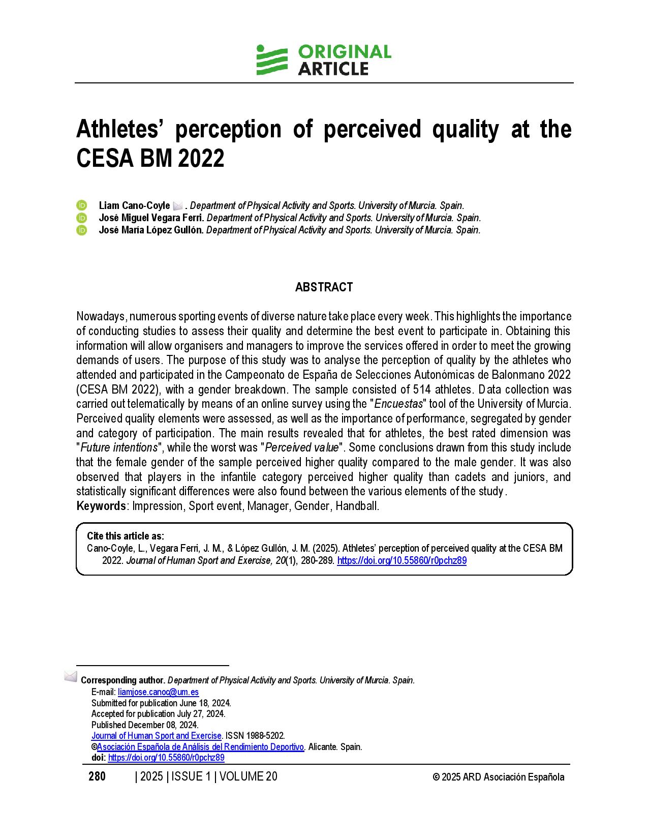 Athletes’ perception of perceived quality at the CESA BM 2022