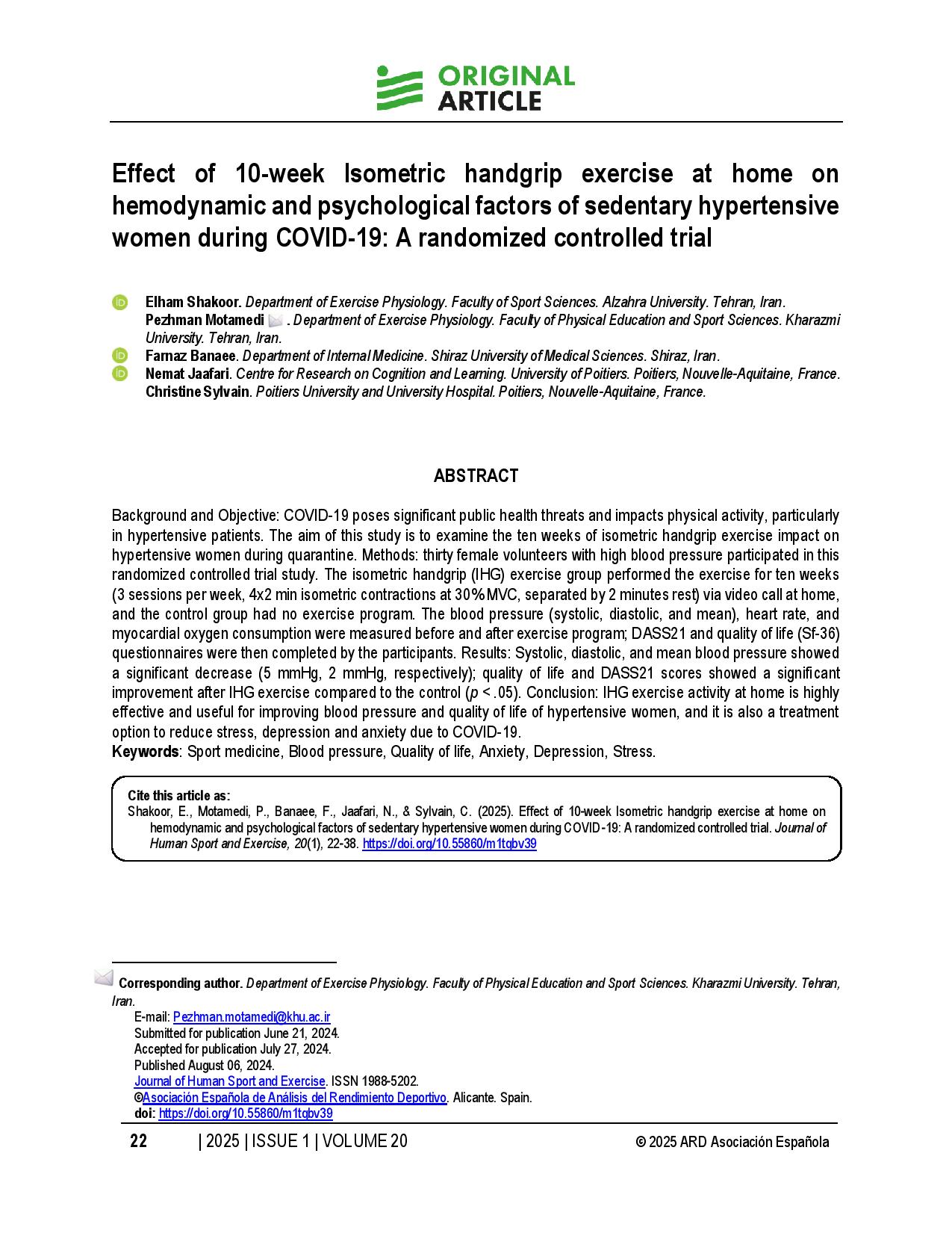 Effect of 10-week Isometric handgrip exercise at home on hemodynamic and psychological factors of sedentary hypertensive women during COVID-19: A randomized controlled trial