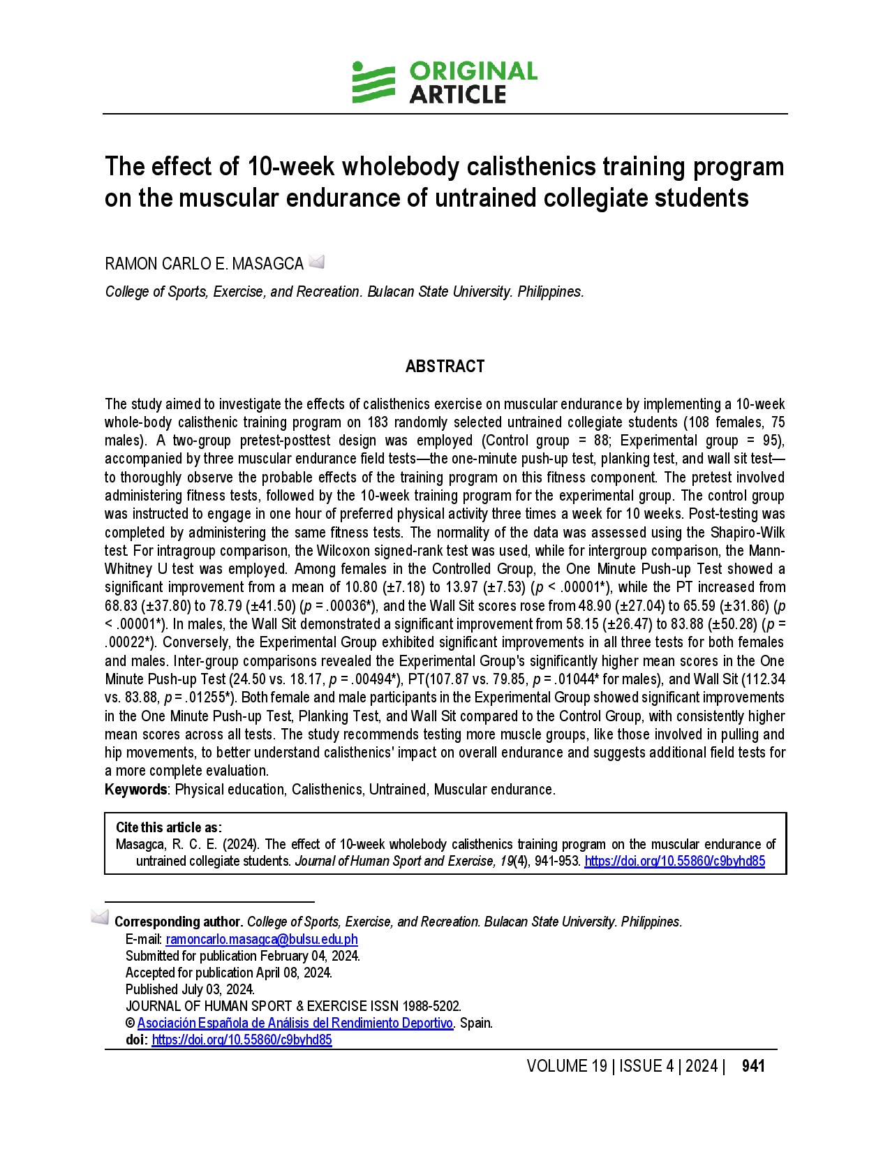 The effect of 10-week wholebody calisthenics training program on the muscular endurance of untrained collegiate students