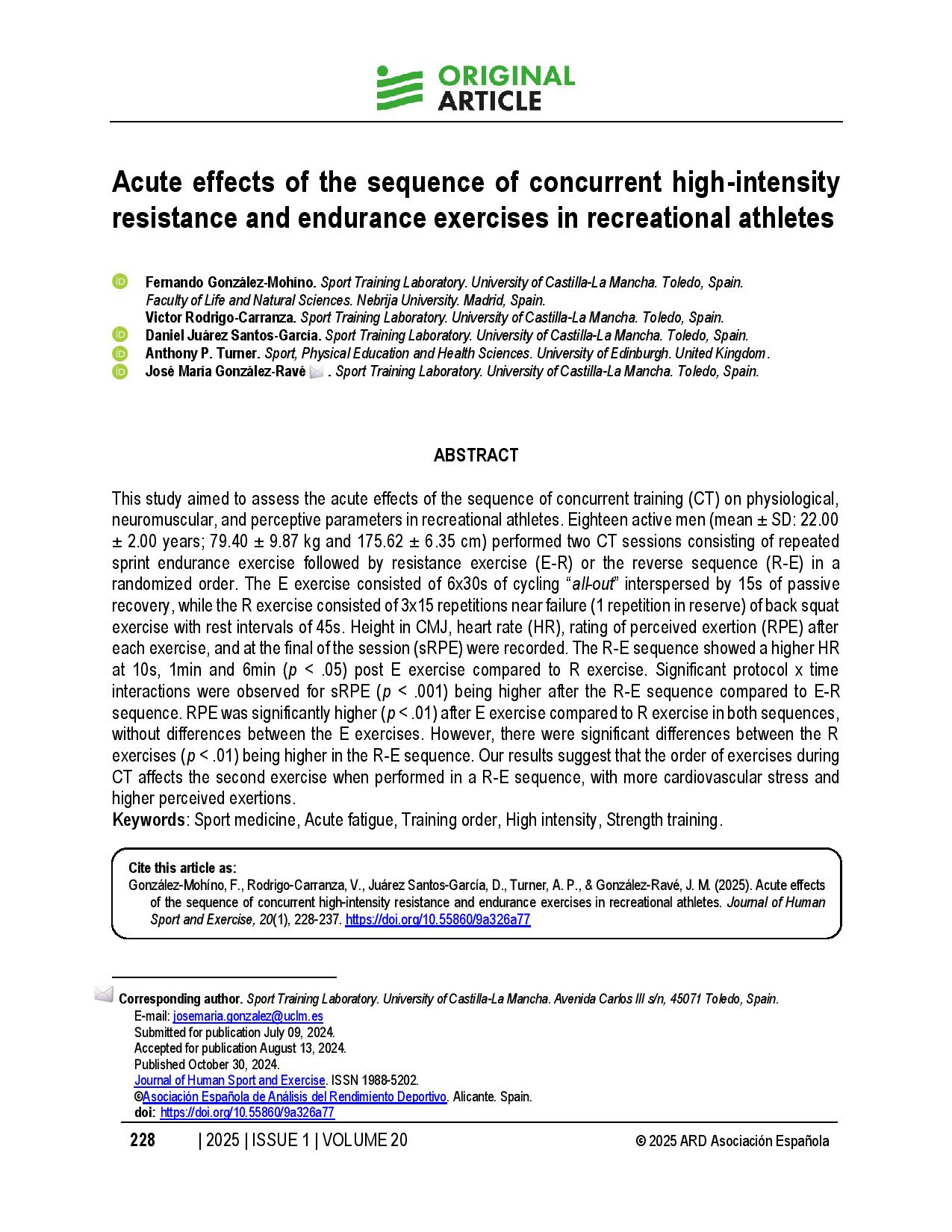 Acute effects of the sequence of concurrent high-intensity resistance and endurance exercises in recreational athletes