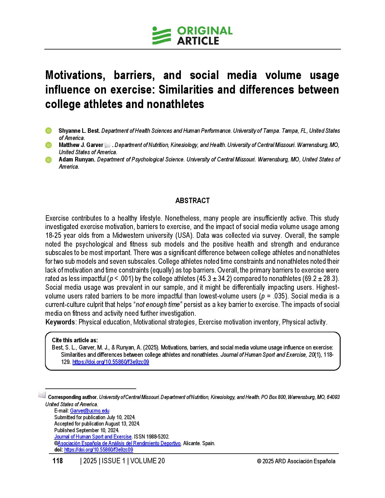 Motivations, barriers, and social media volume usage influence on exercise: Similarities and differences between college athletes and nonathletes