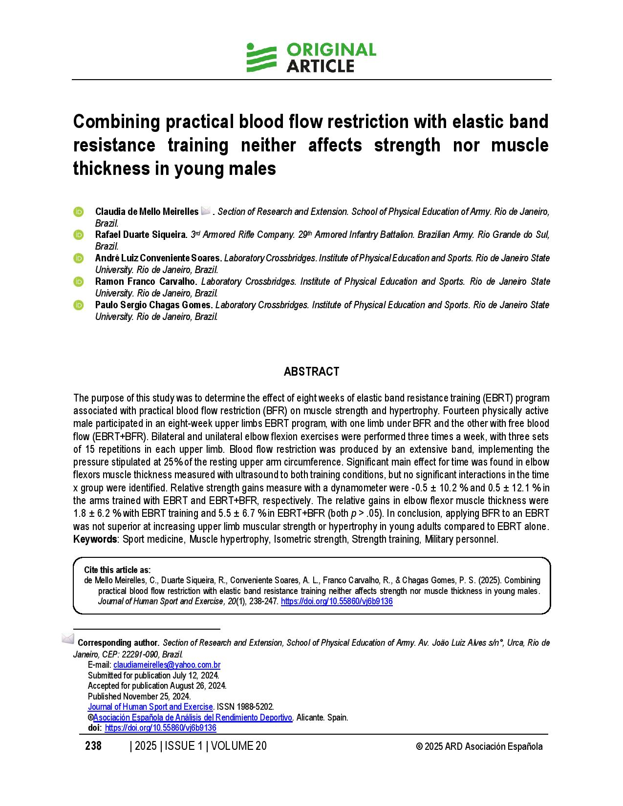 Combining practical blood flow restriction with elastic band resistance training neither affects strength nor muscle thickness in young males