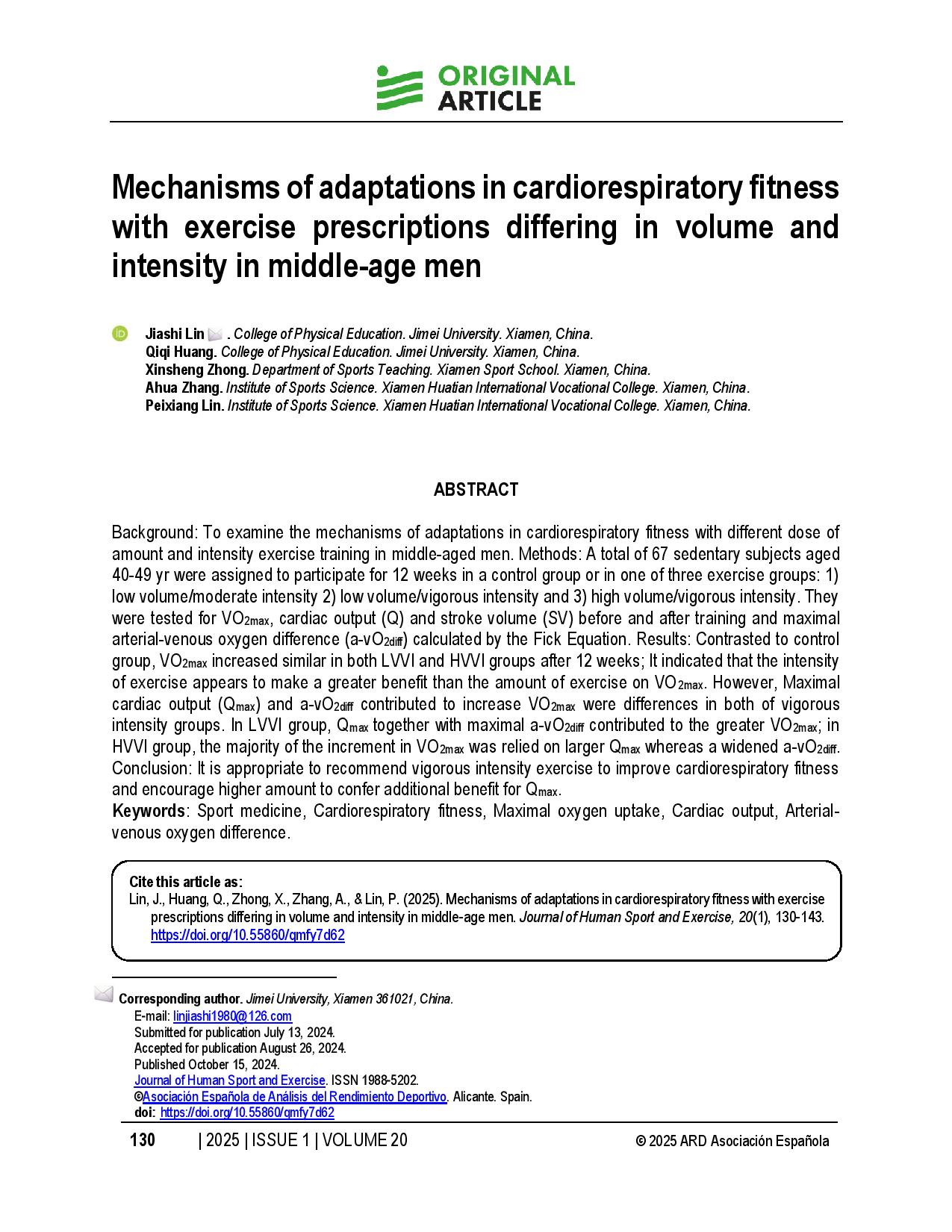 Mechanisms of adaptations in cardiorespiratory fitness with exercise prescriptions differing in volume and intensity in middle-age men