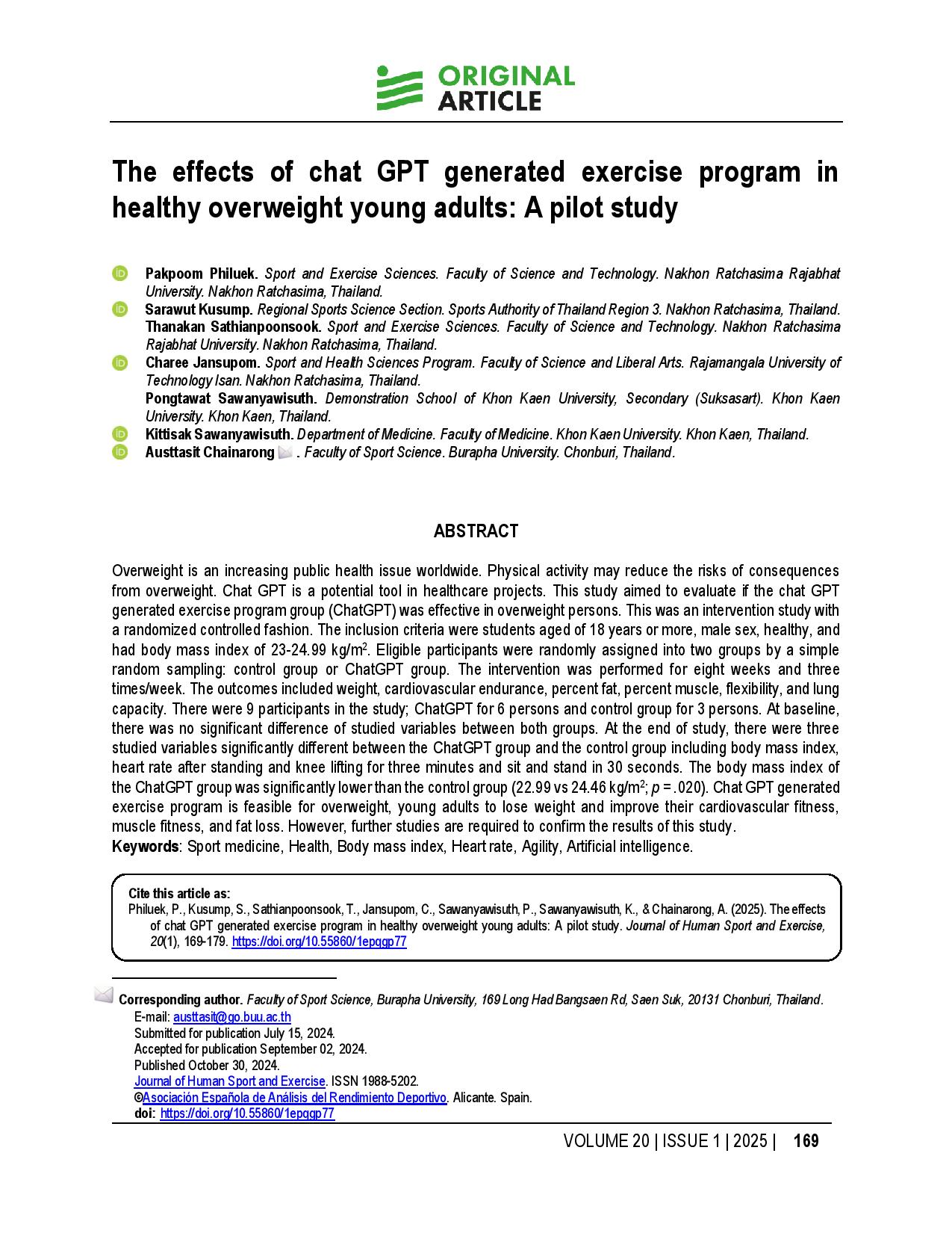 The effects of chat GPT generated exercise program in healthy overweight young adults: A pilot study