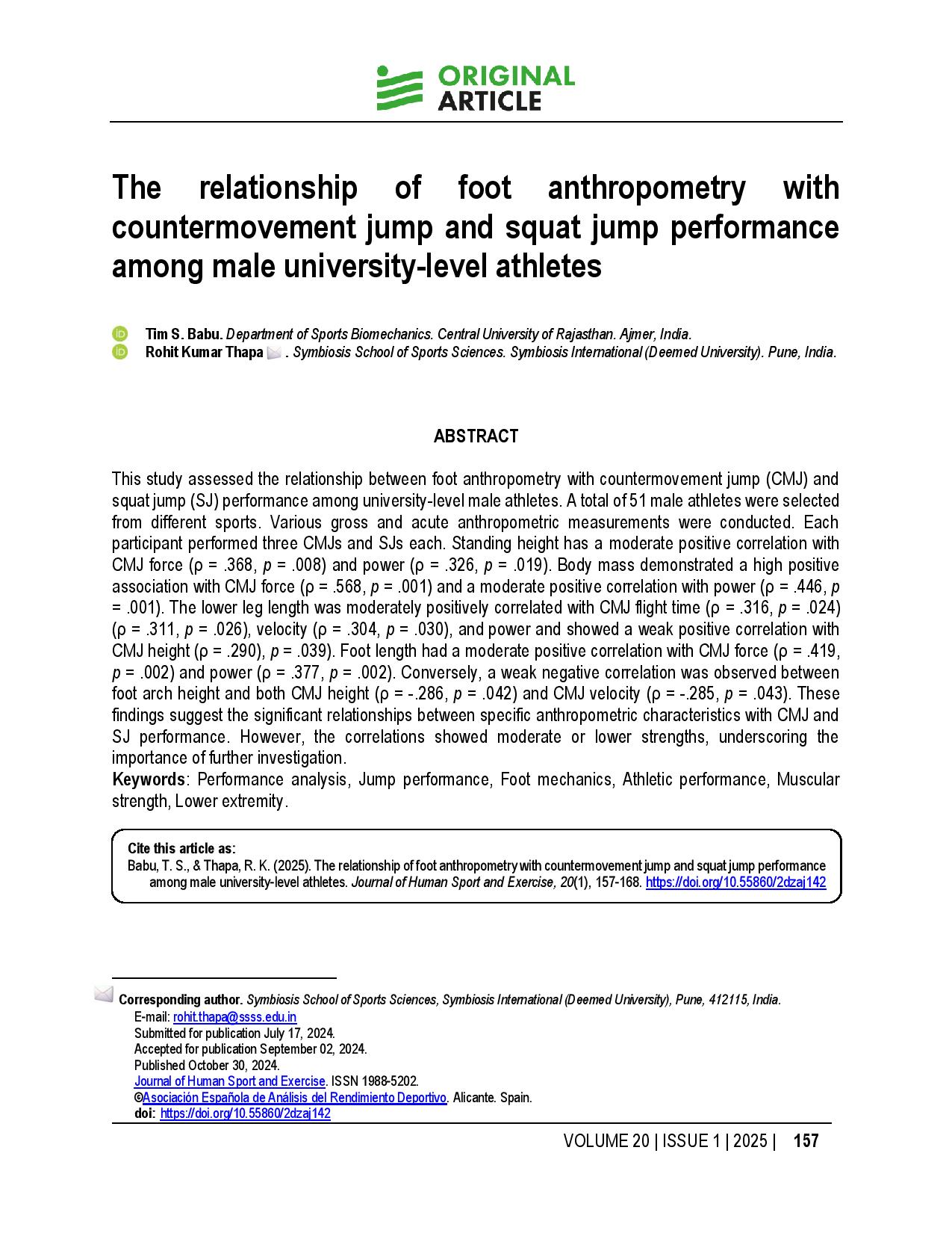 The relationship of foot anthropometry with countermovement jump and squat jump performance among male university-level athletes