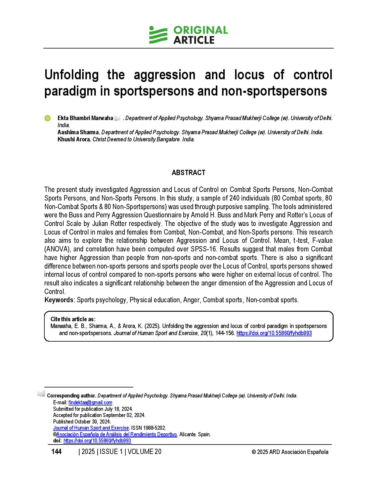 Unfolding the aggression and locus of control paradigm in sportspersons and non-sportspersons