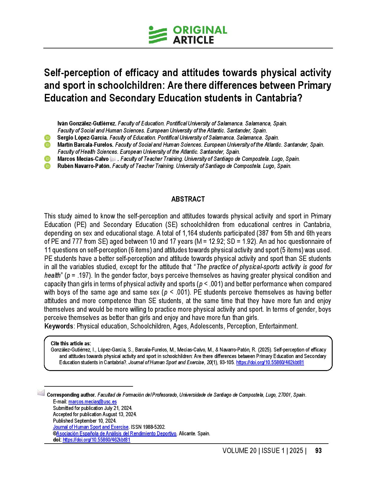 Self-perception of efficacy and attitudes towards physical activity and sport in schoolchildren: Are there differences between Primary Education and Secondary Education students in Cantabria?