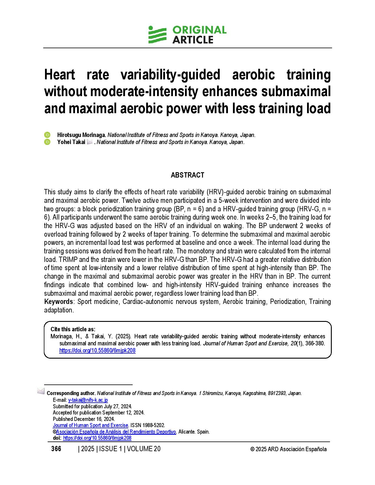 Heart rate variability-guided aerobic training without moderate-intensity enhances submaximal and maximal aerobic power with less training load