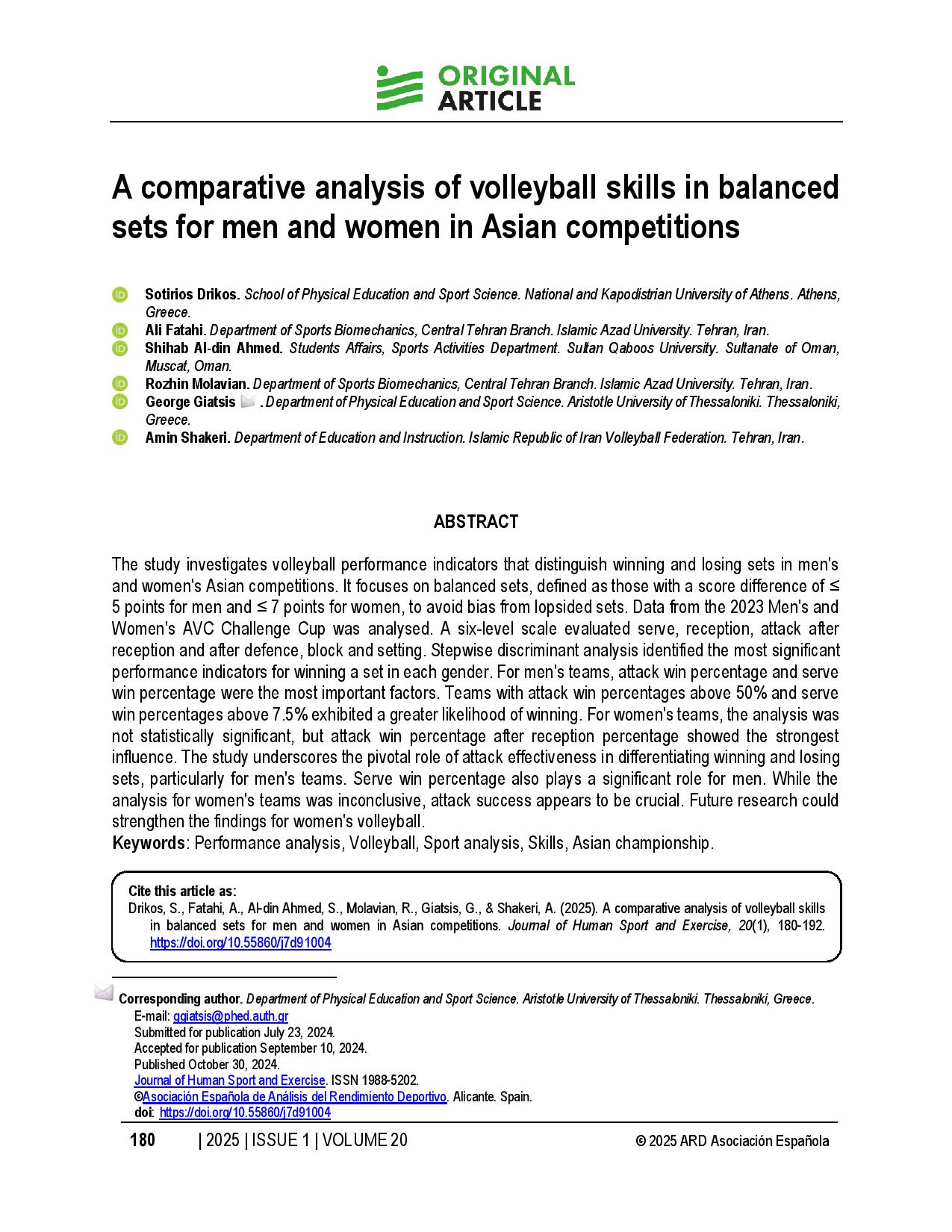 A comparative analysis of volleyball skills in balanced sets for men and women in Asian competitions