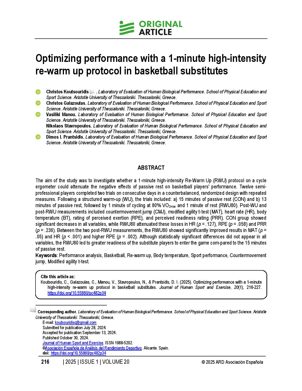 Optimizing performance with a 1-minute high-intensity re-warm up protocol in basketball substitutes