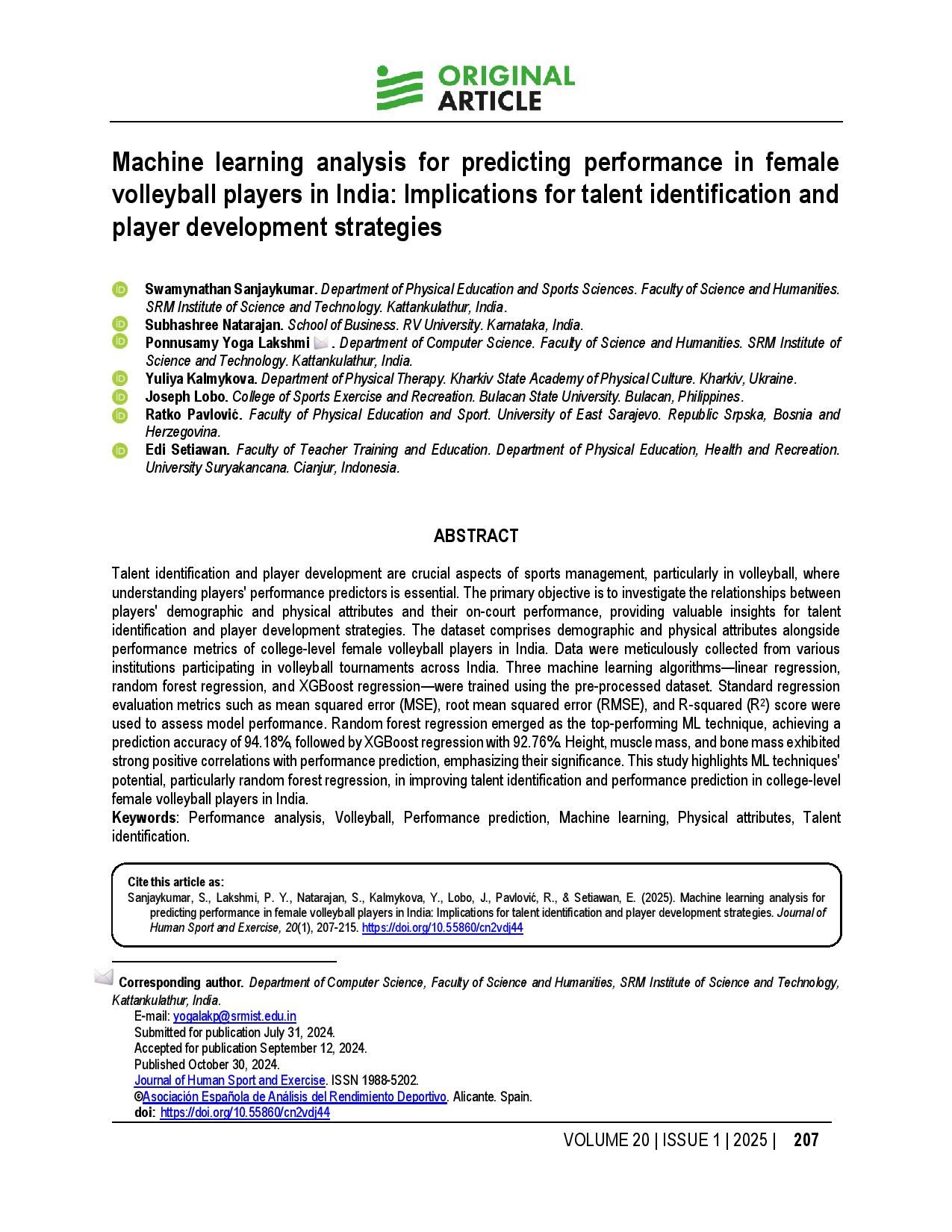 Machine learning analysis for predicting performance in female volleyball players in India: Implications for talent identification and player development strategies