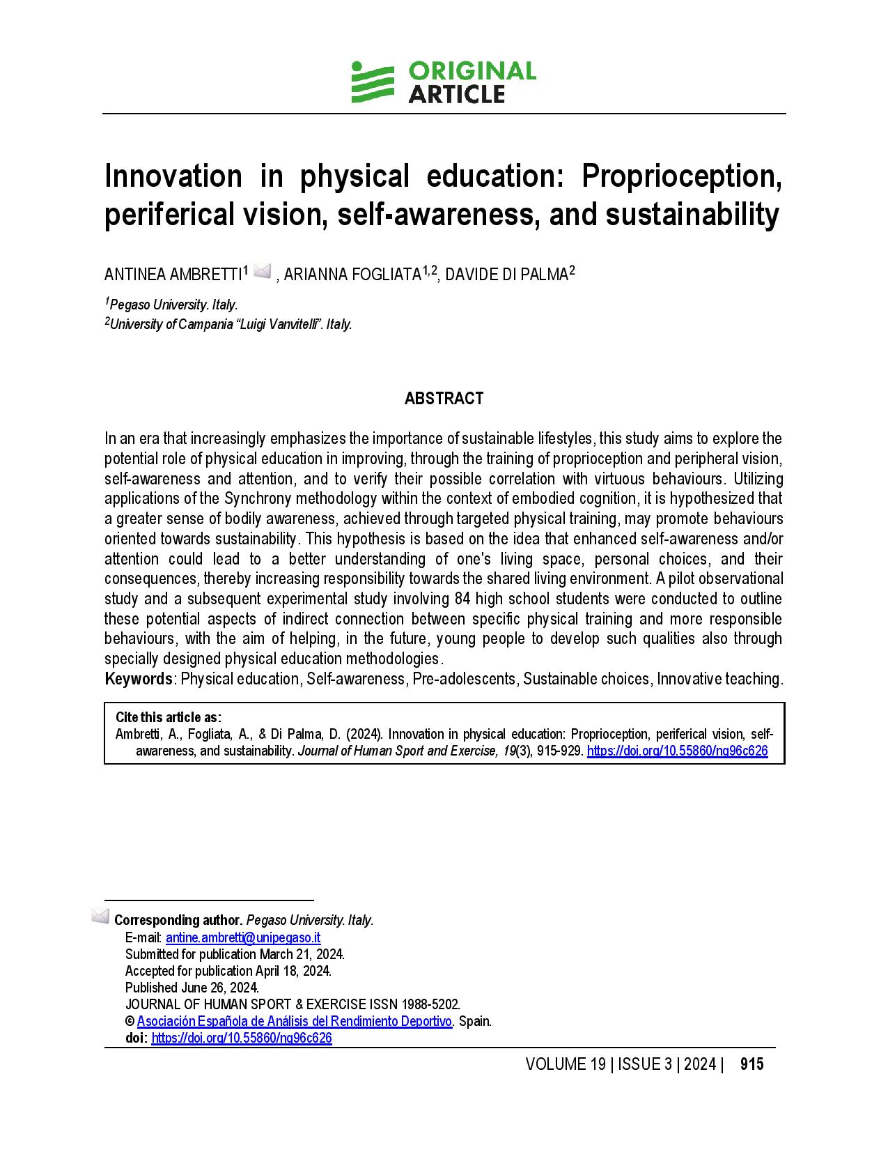 Innovation in physical education: Proprioception, periferical vision, self-awareness, and sustainability