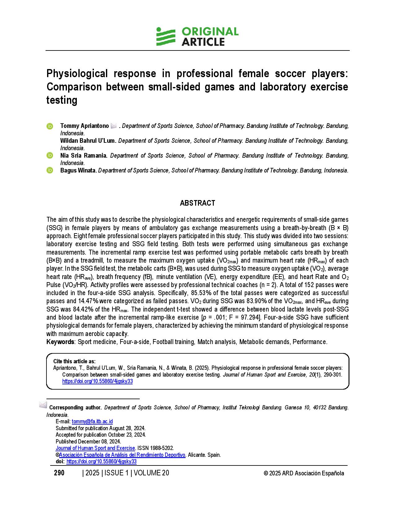 Physiological response in professional female soccer players: Comparison between small-sided games and laboratory exercise testing