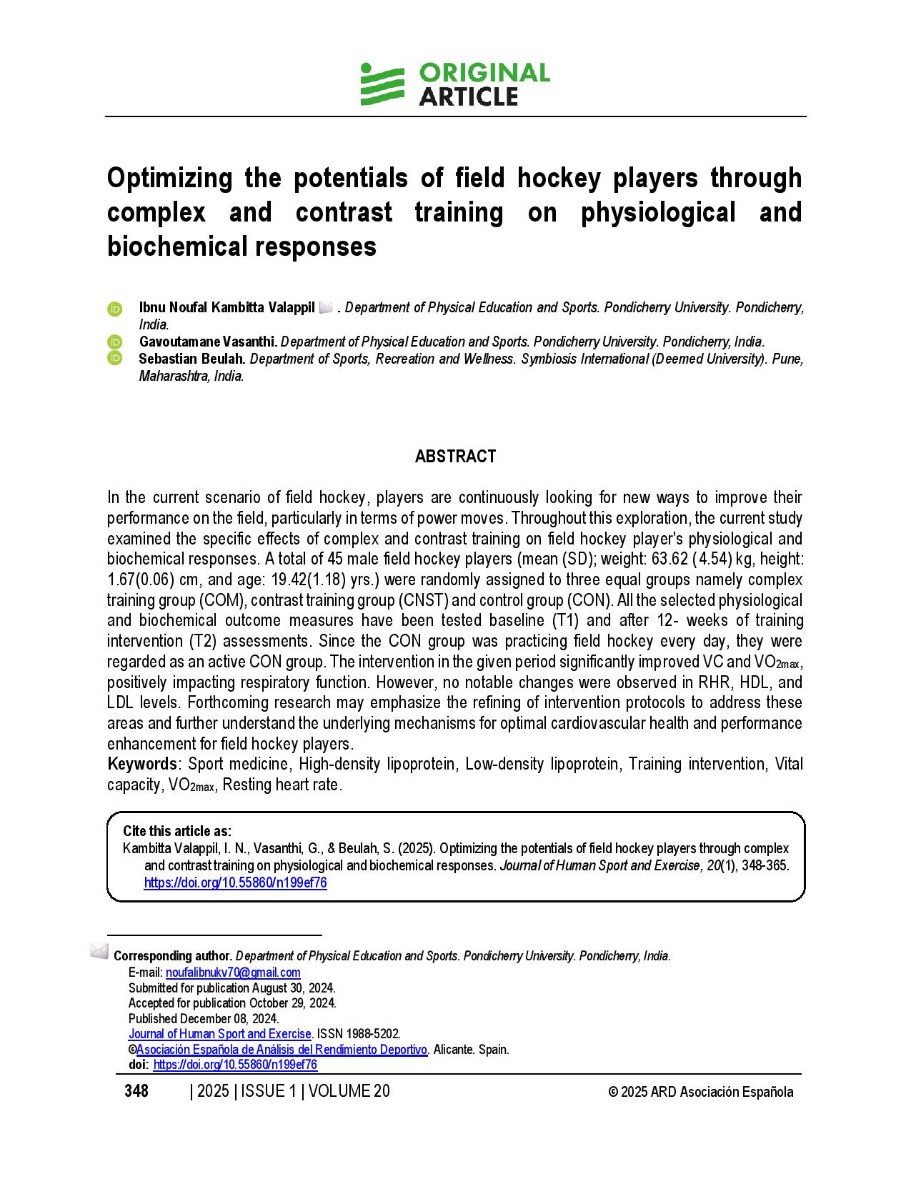 Optimizing the potentials of field hockey players through complex and contrast training on physiological and biochemical responses