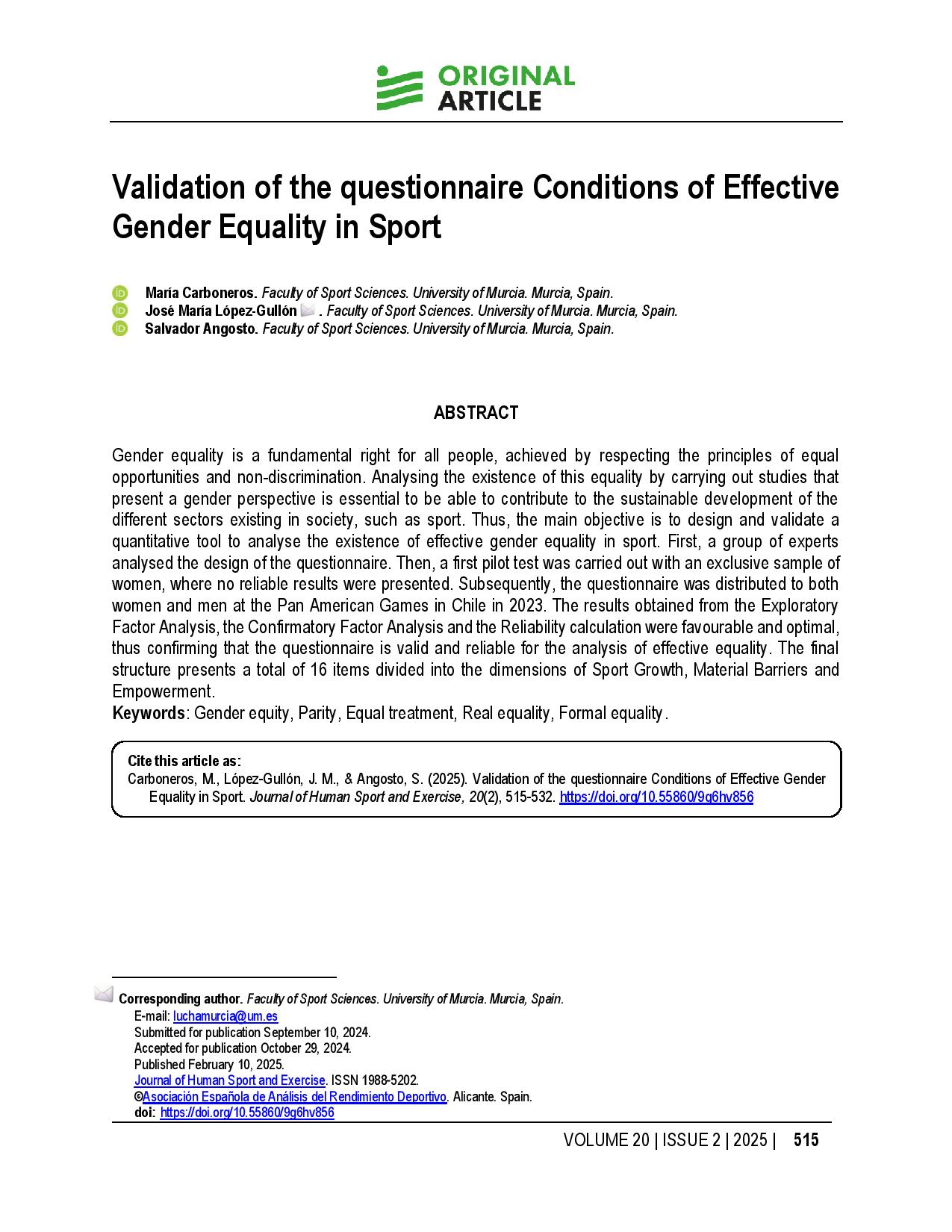 Validation of the questionnaire Conditions of Effective Gender Equality in Sport