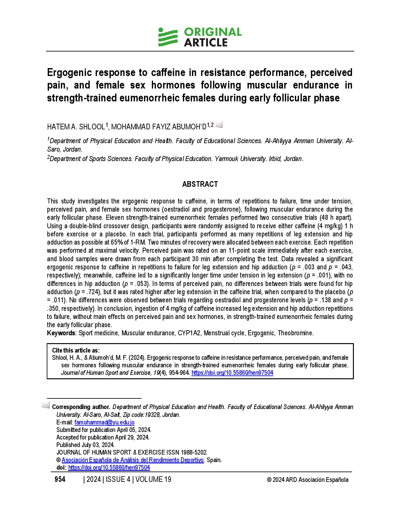 Ergogenic response to caffeine in resistance performance, perceived pain, and female sex hormones following muscular endurance in strength-trained eumenorrheic females during early follicular phase