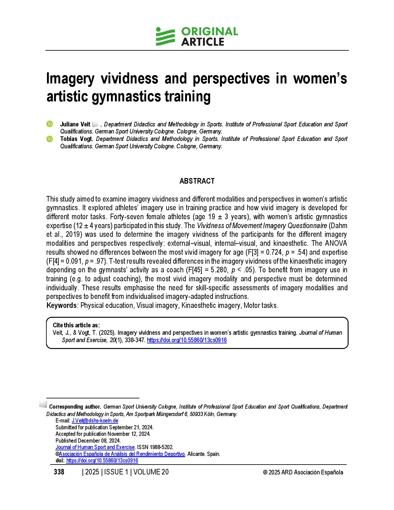 Imagery vividness and perspectives in women’s artistic gymnastics training