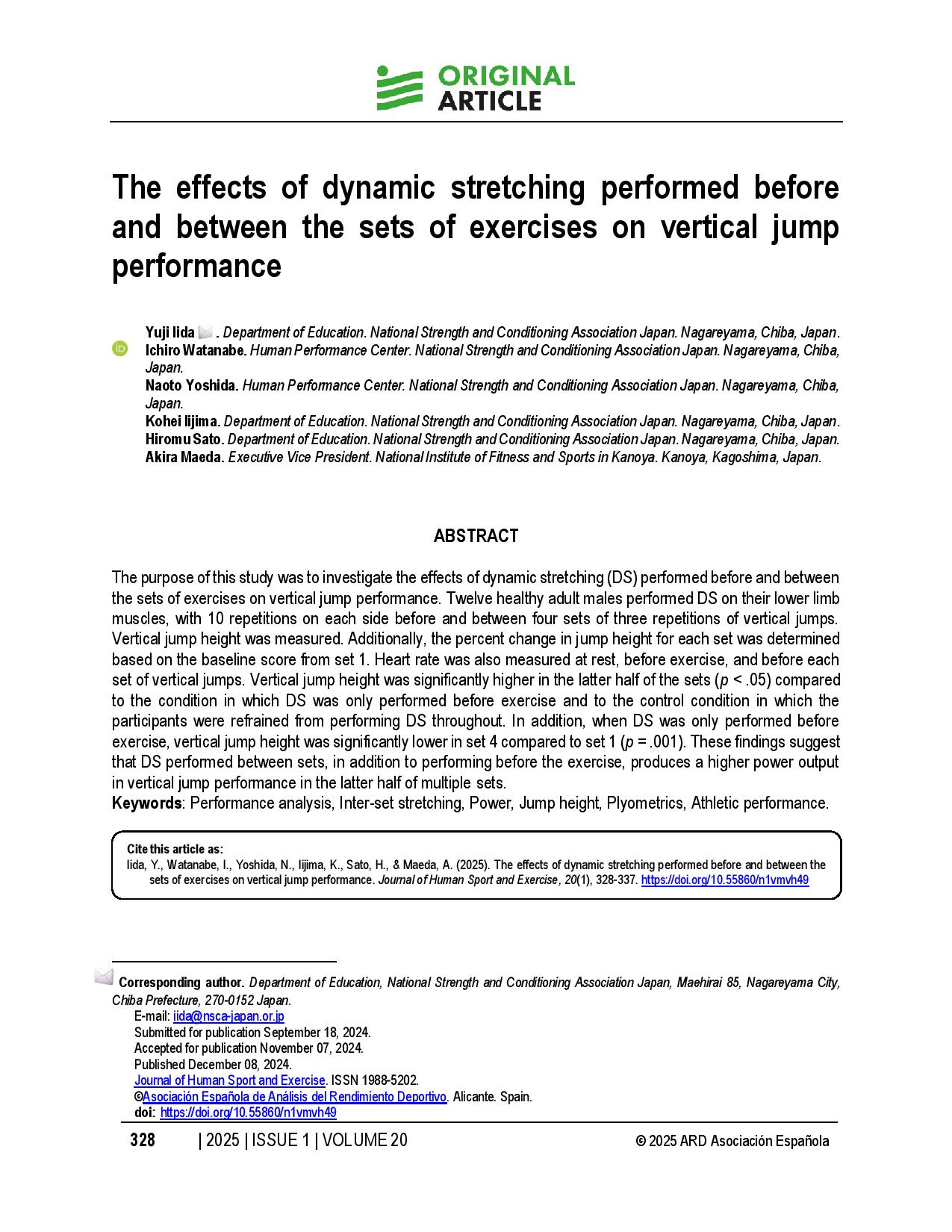 The effects of dynamic stretching performed before and between the sets of exercises on vertical jump performance