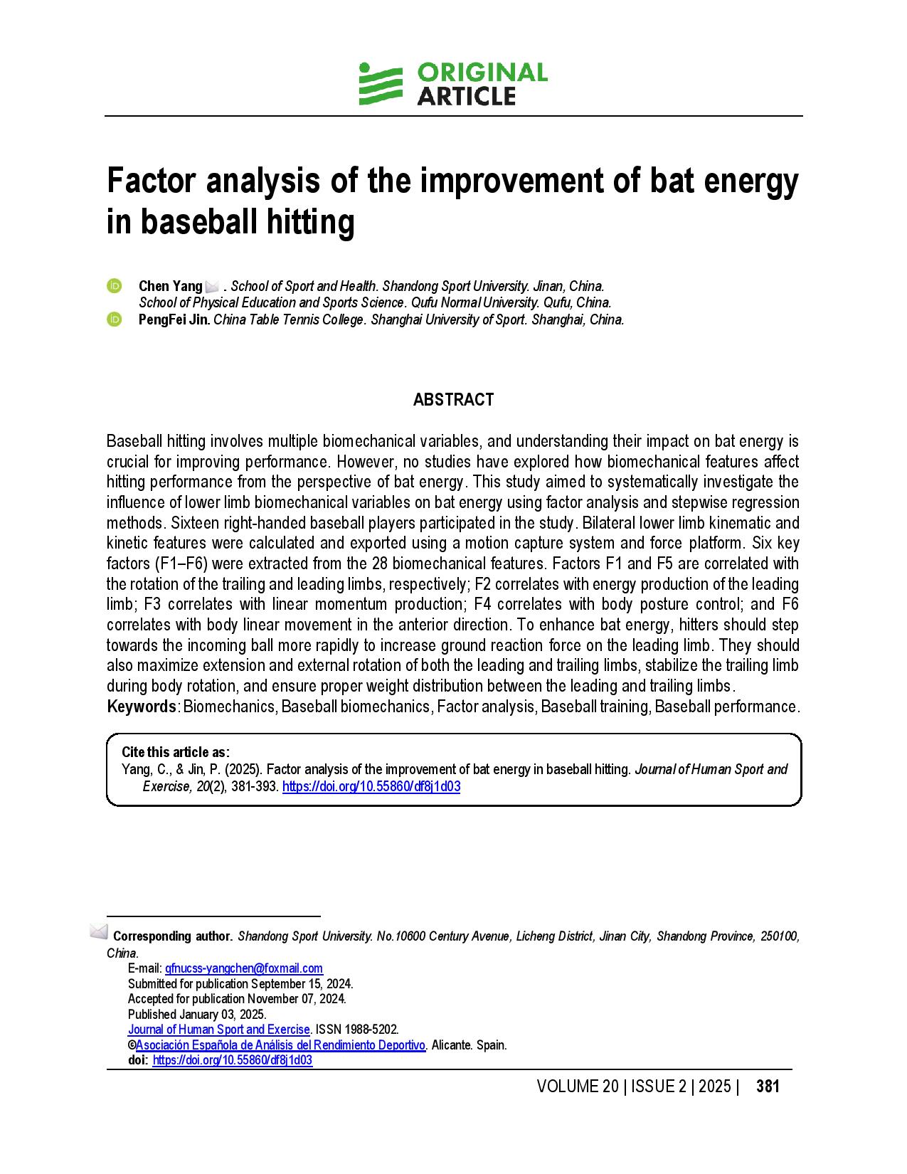 Factor analysis of the improvement of bat energy in baseball hitting