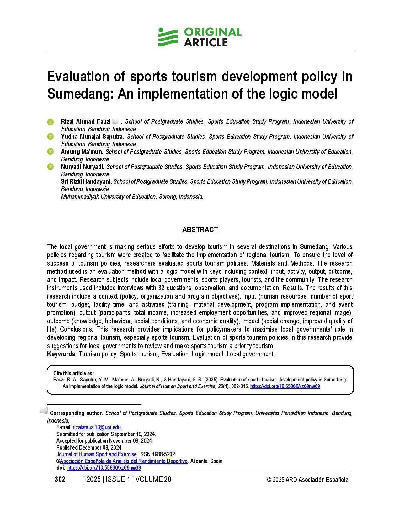 Evaluation of sports tourism development policy in Sumedang: An implementation of the logic model