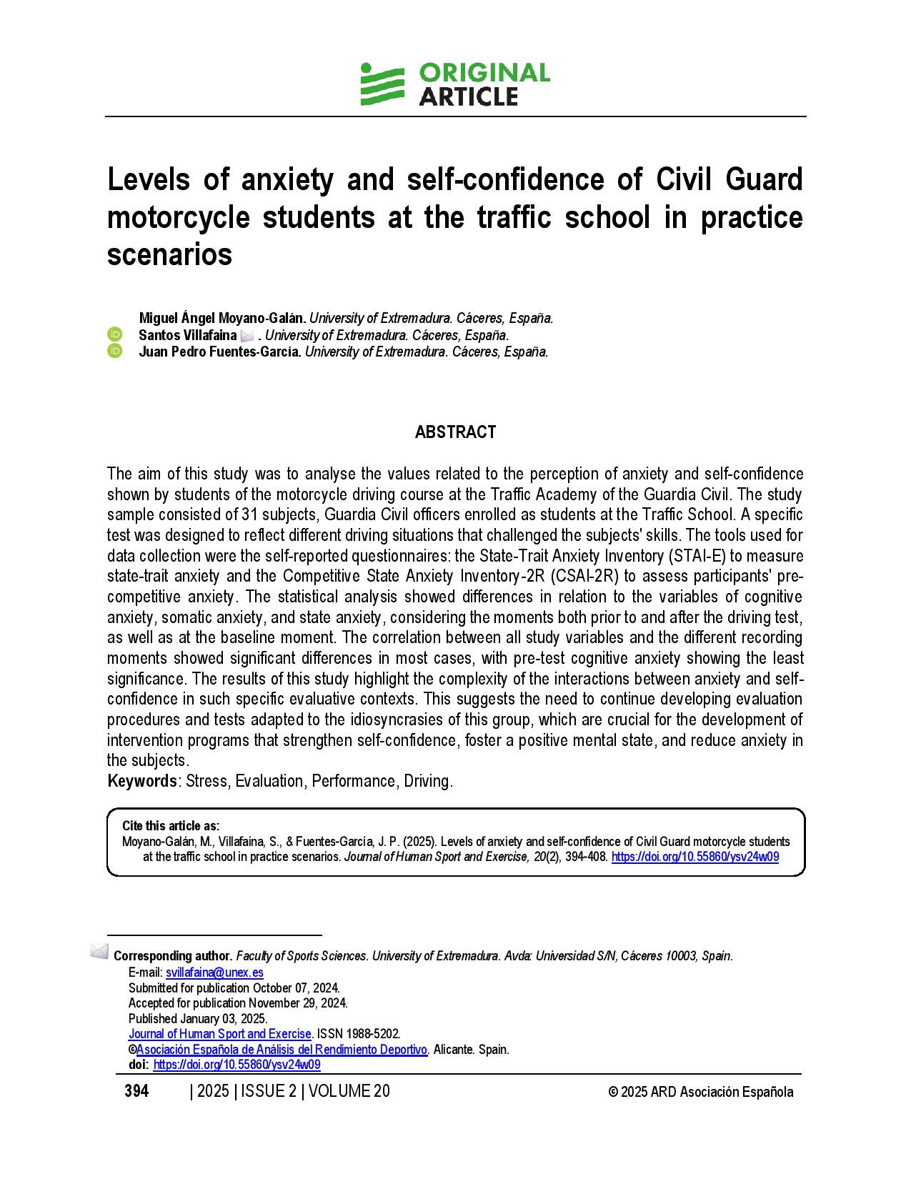 Levels of anxiety and self-confidence of Civil Guard motorcycle students at the traffic school in practice scenarios