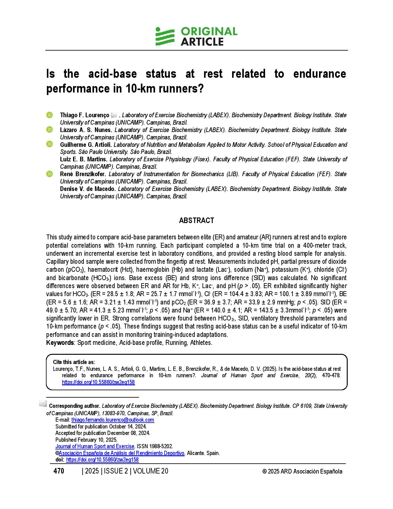 Is the acid-base status at rest related to endurance performance in 10-km runners?