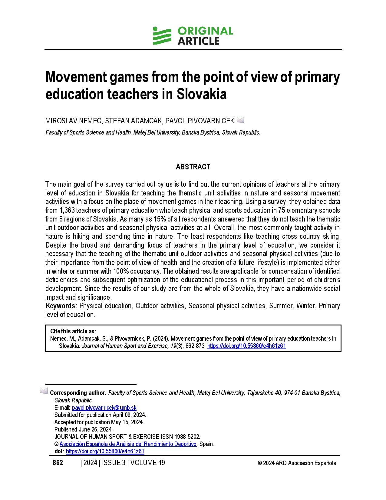 Movement games from the point of view of primary education teachers in Slovakia