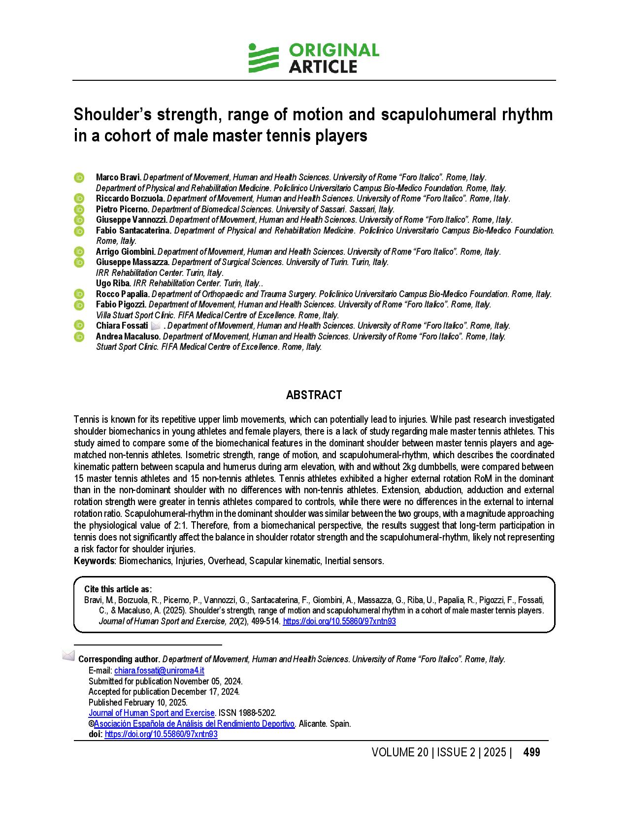 Shoulder’s strength, range of motion and scapulohumeral rhythm in a cohort of male master tennis players