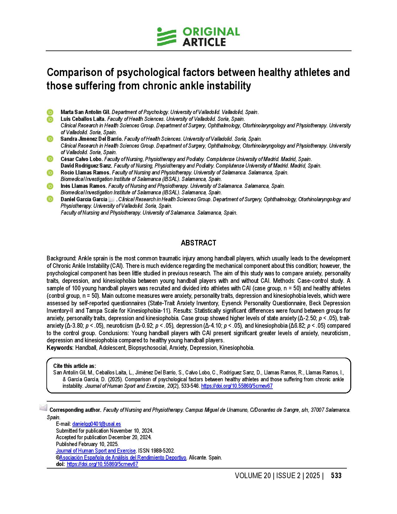 Comparison of psychological factors between healthy athletes and those suffering from chronic ankle instability