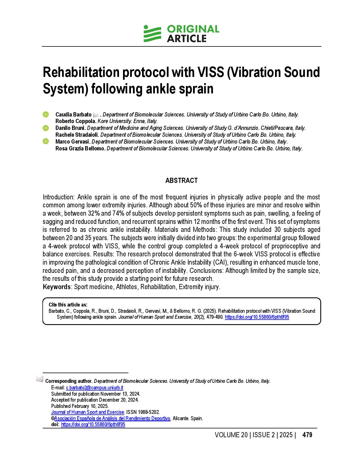 Rehabilitation protocol with VISS (Vibration Sound System) following ankle sprain