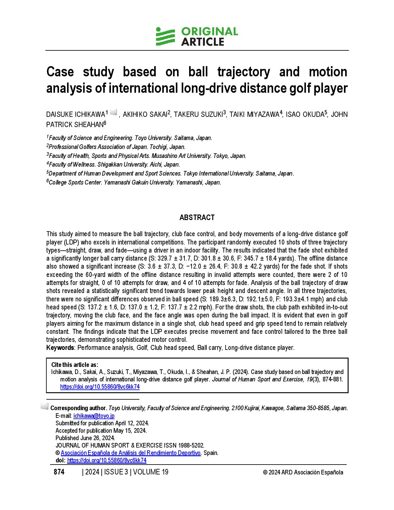 Case study based on ball trajectory and motion analysis of international long-drive distance golf player