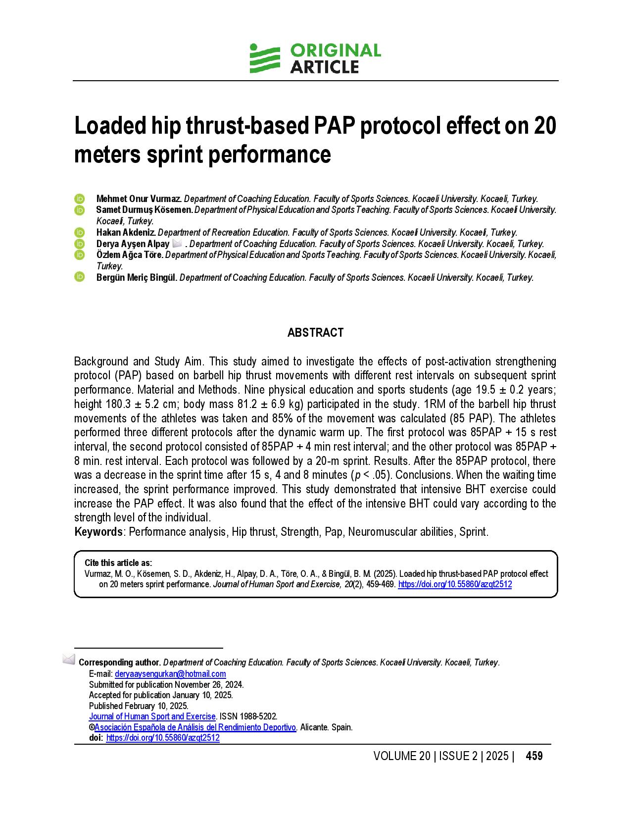 Loaded hip thrust-based PAP protocol effect on 20 meters sprint performance