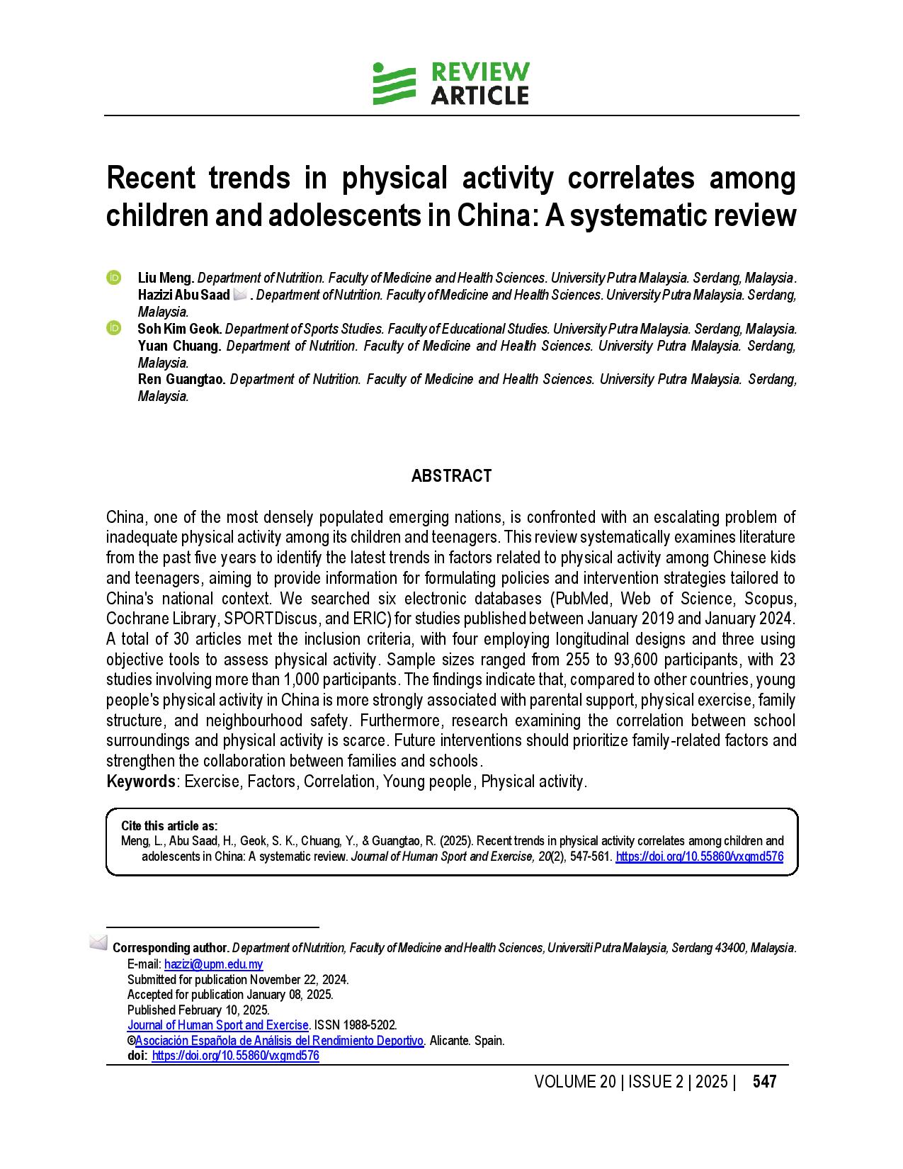 Recent trends in physical activity correlates among children and adolescents in China: A systematic review