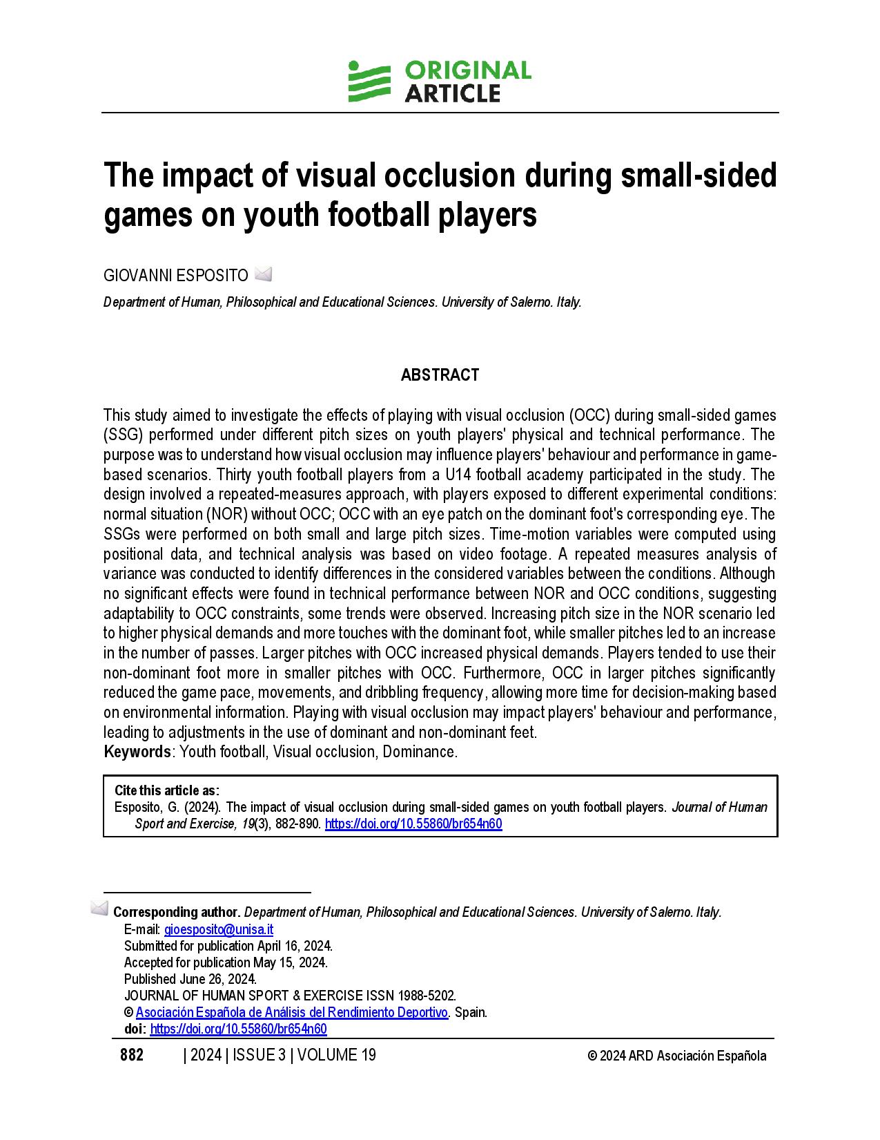 The impact of visual occlusion during small-sided games on youth football players