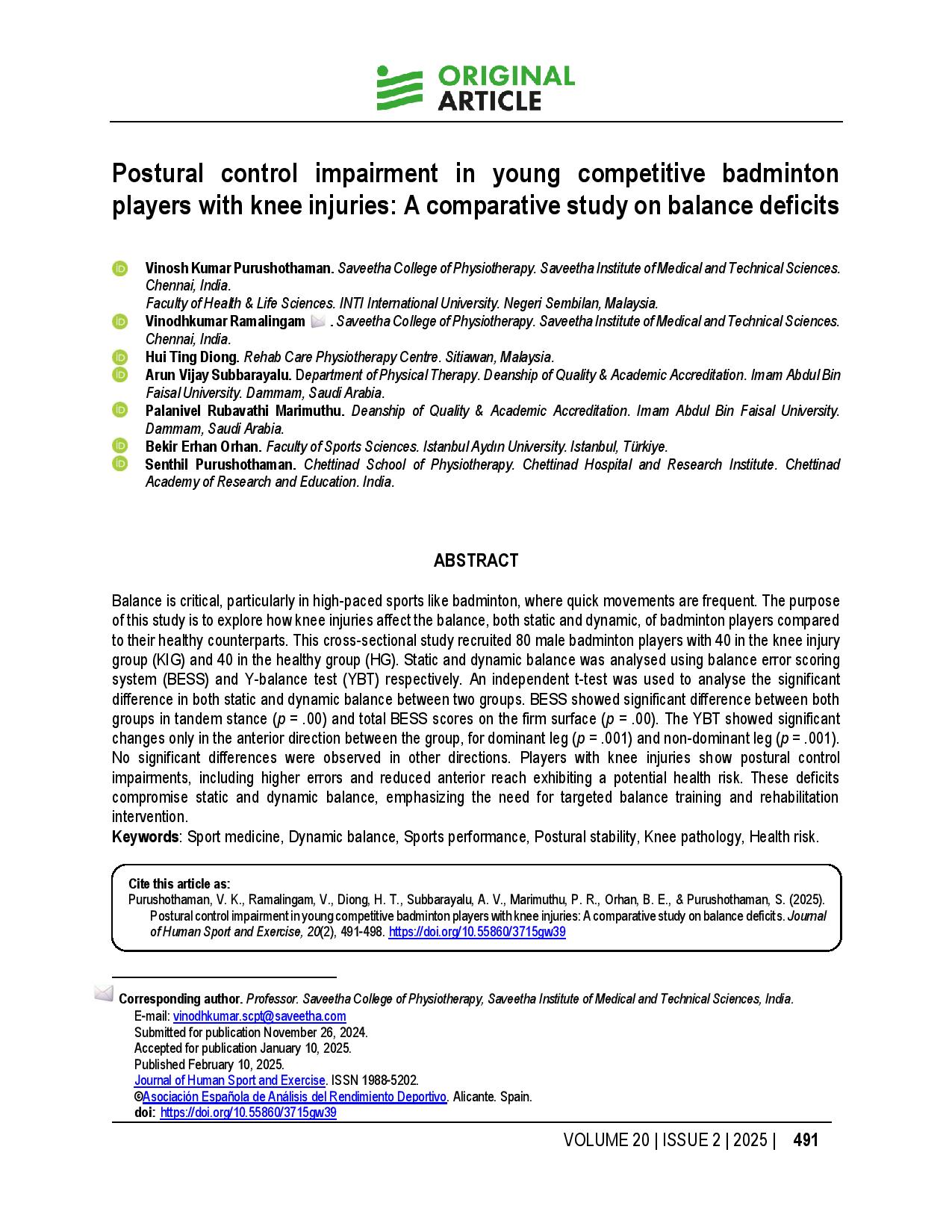 Postural control impairment in young competitive badminton players with knee injuries: A comparative study on balance deficits