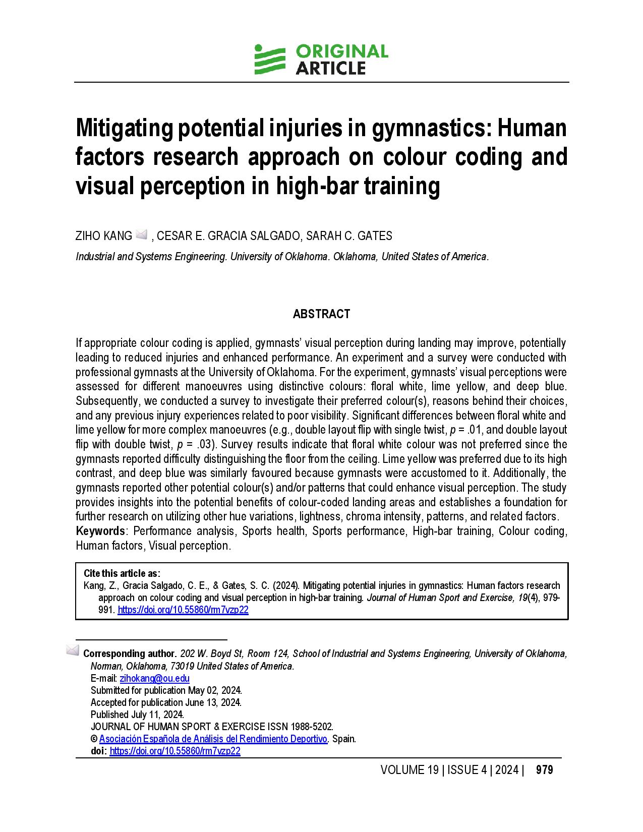 Mitigating potential injuries in gymnastics: Human factors research approach on colour coding and visual perception in high-bar training