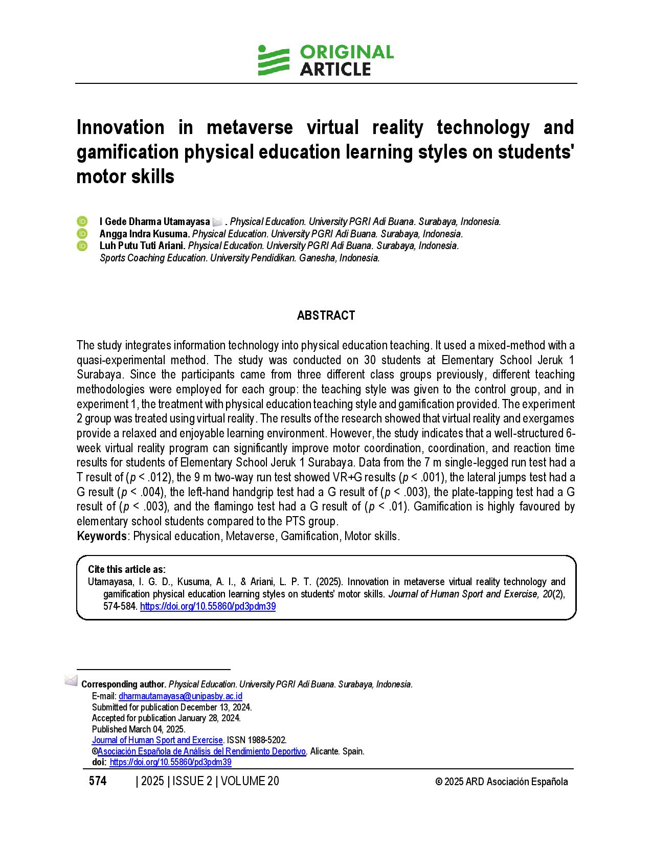 Innovation in metaverse virtual reality technology and gamification physical education learning styles on students' motor skills