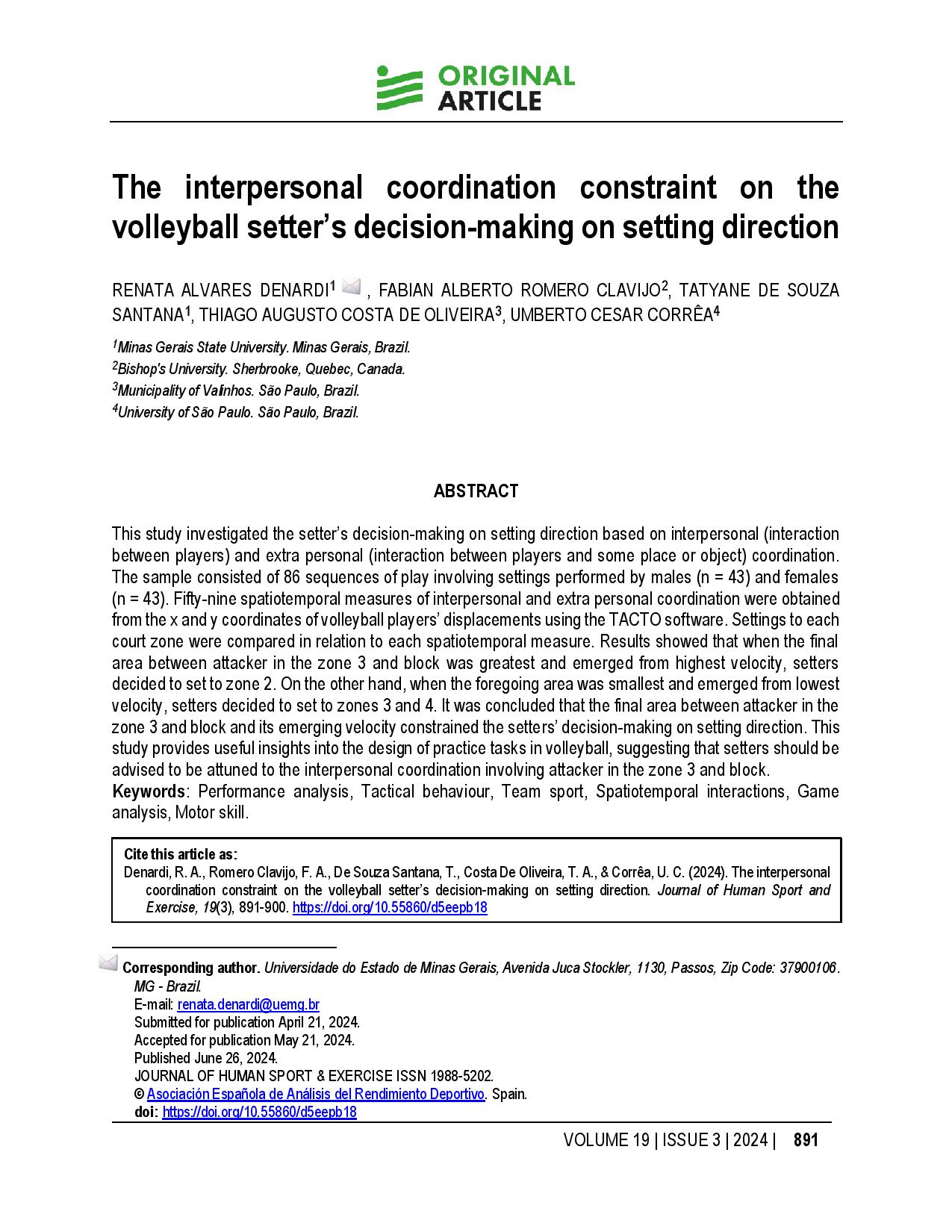 The interpersonal coordination constraint on the volleyball setter’s decision-making on setting direction
