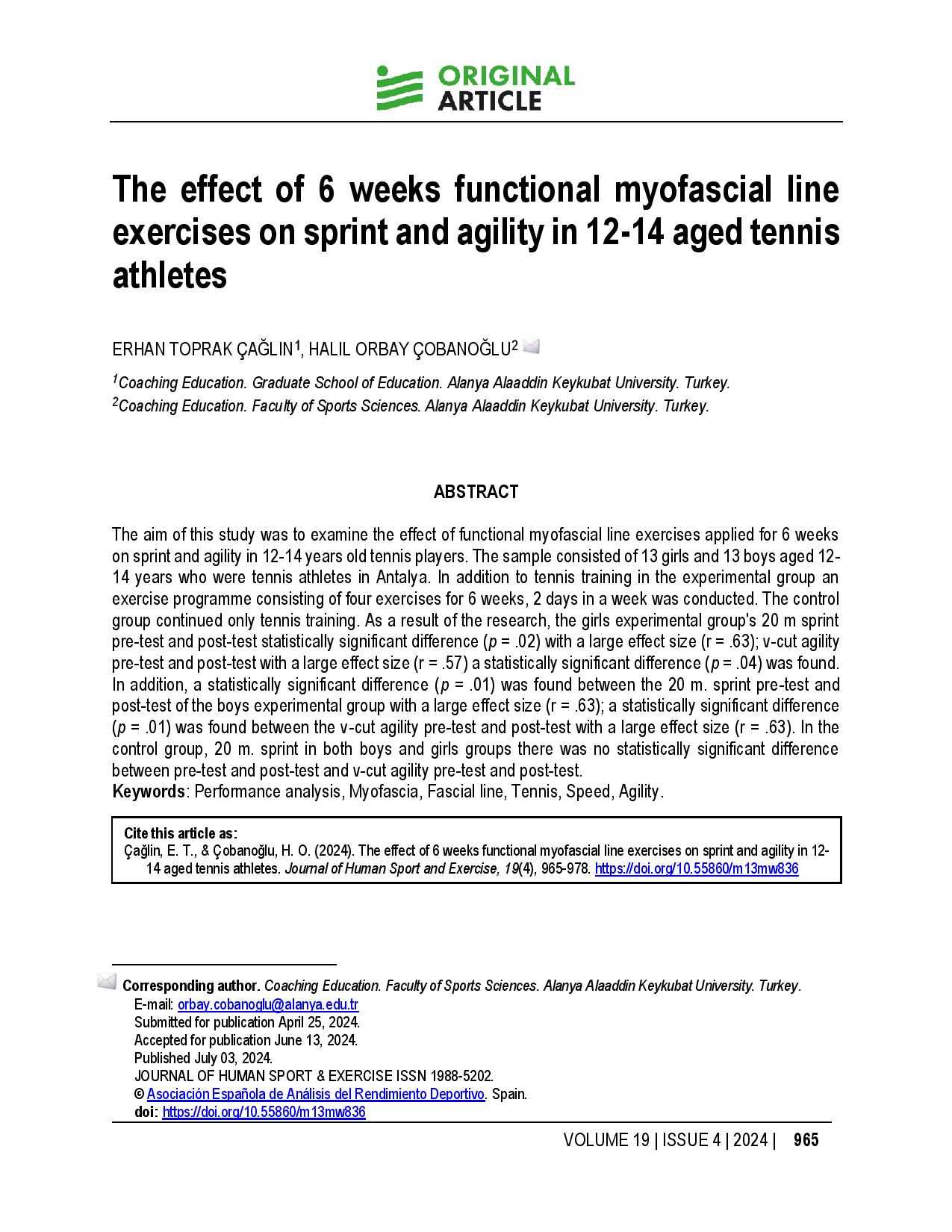 The effect of 6 weeks functional myofascial line exercises on sprint and agility in 12-14 aged tennis athletes