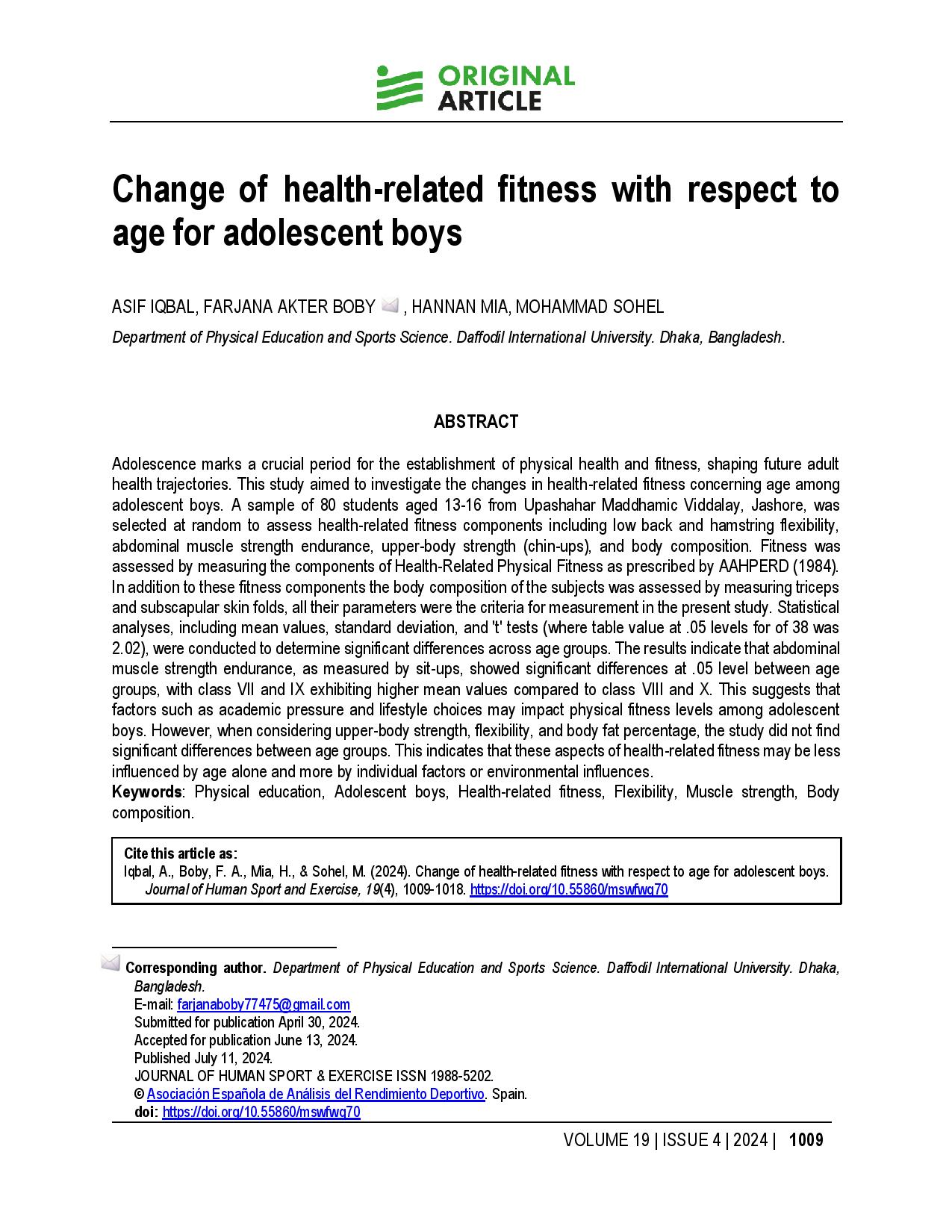 Change of health-related fitness with respect to age for adolescent boys