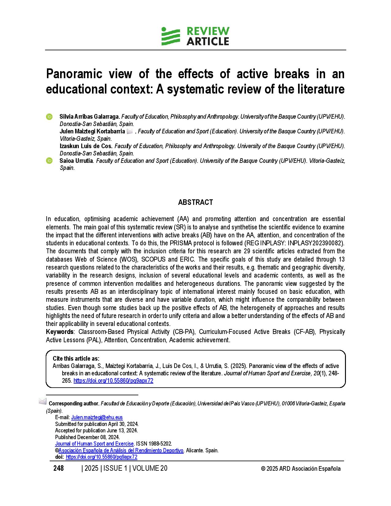 Panoramic view of the effects of active breaks in an educational context: A systematic review of the literature