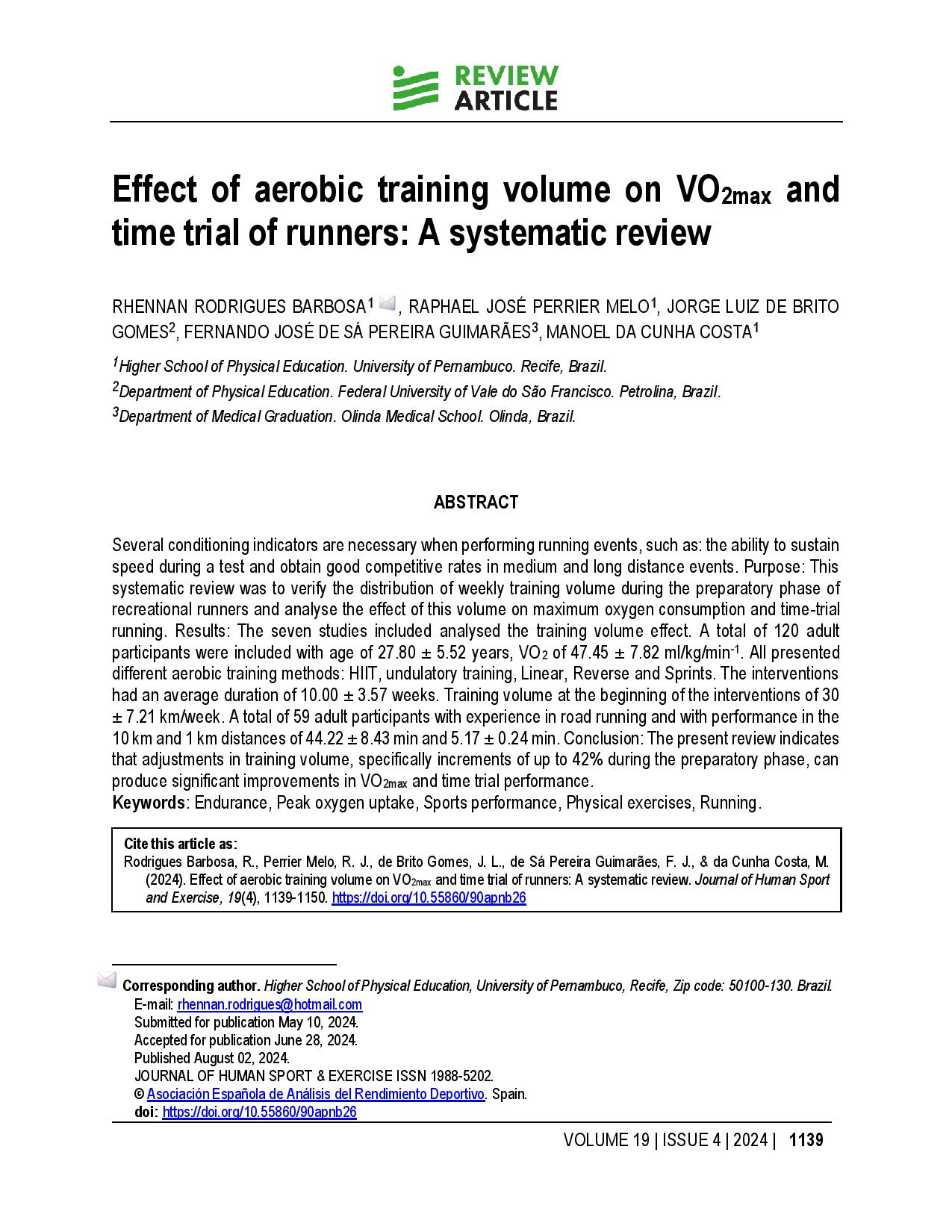 Effect of aerobic training volume on VO2max and time trial of runners: A systematic review