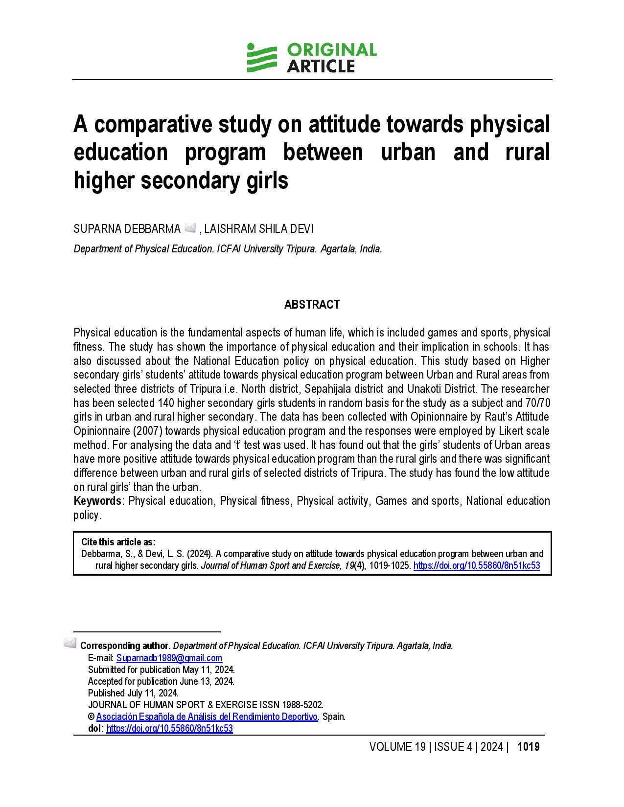 A comparative study on attitude towards physical education program between urban and rural higher secondary girls