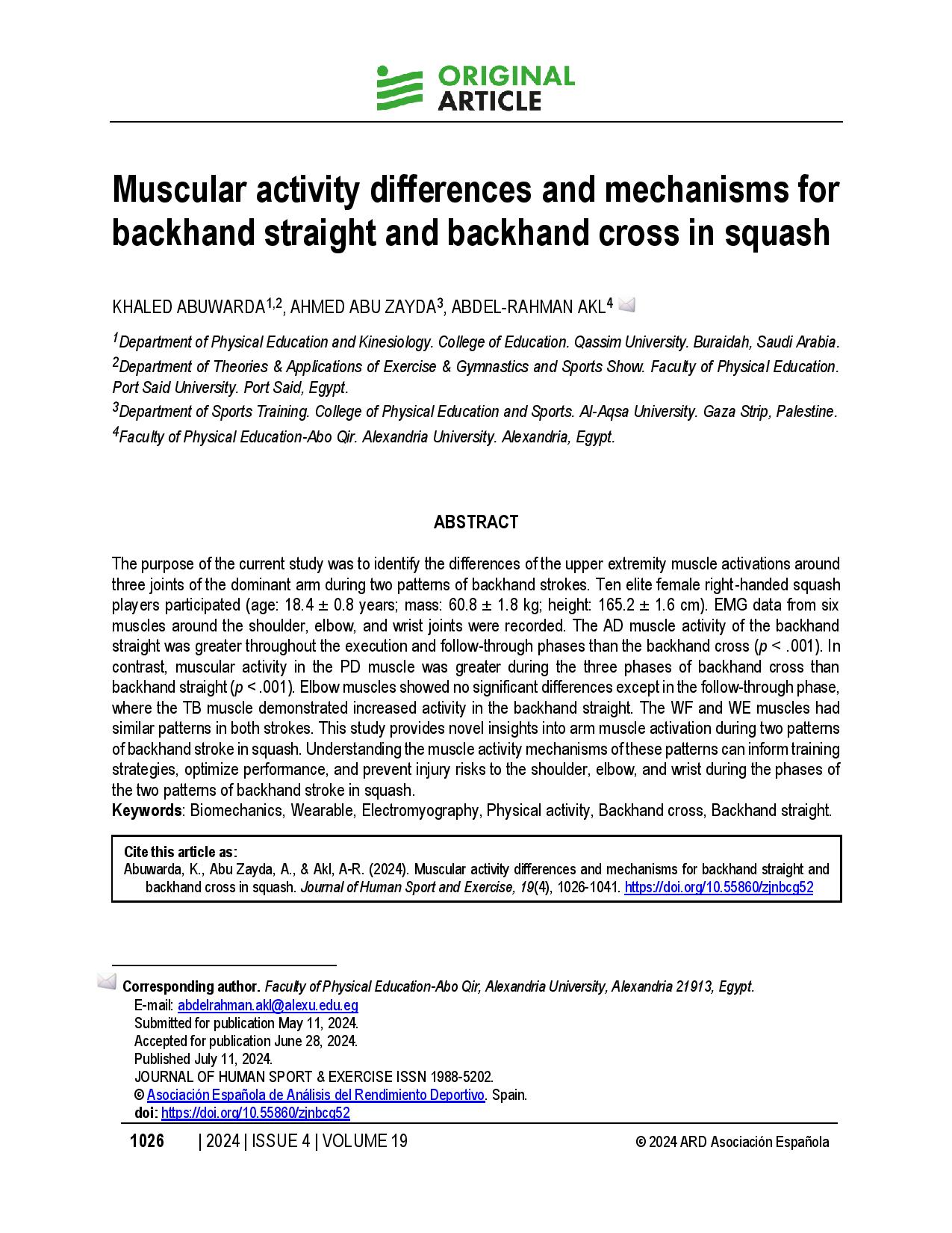 Muscular activity differences and mechanisms for backhand straight and backhand cross in squash