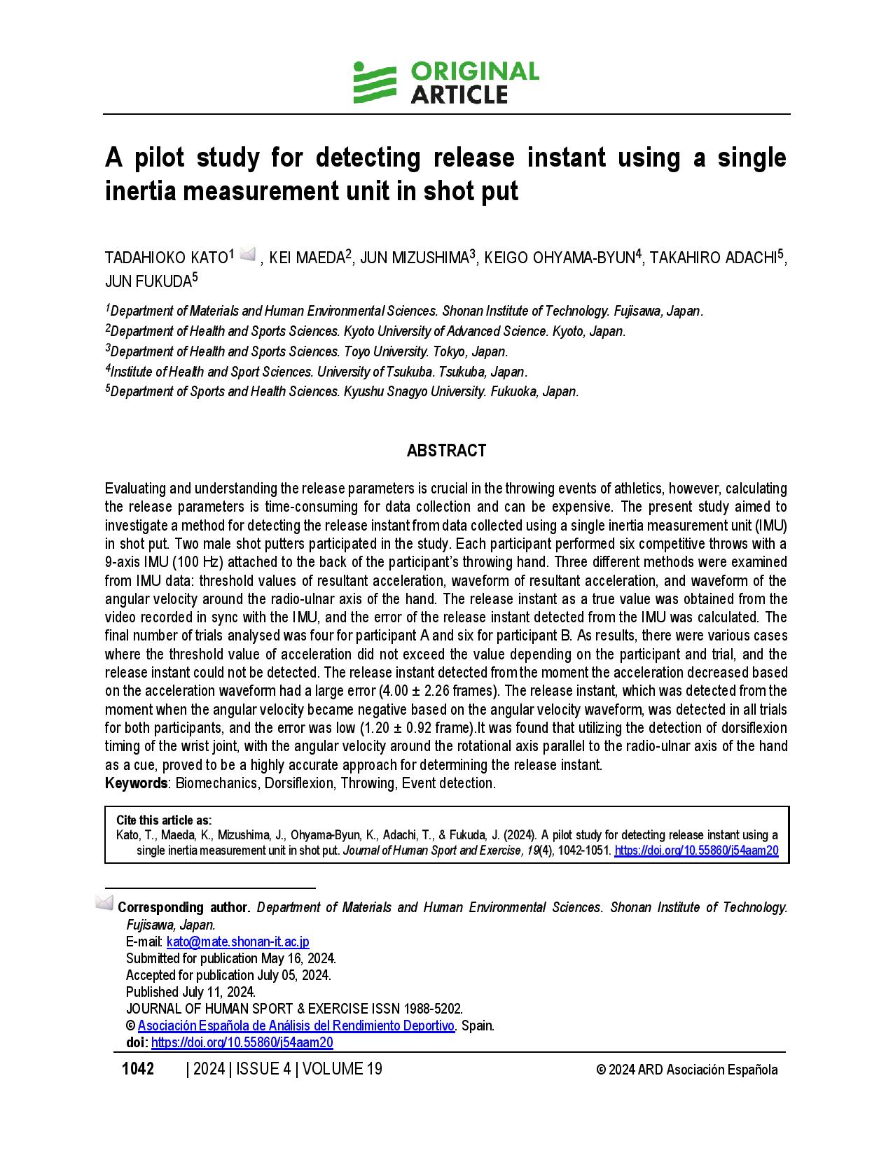 A pilot study for detecting release instant using a single inertia measurement unit in shot put