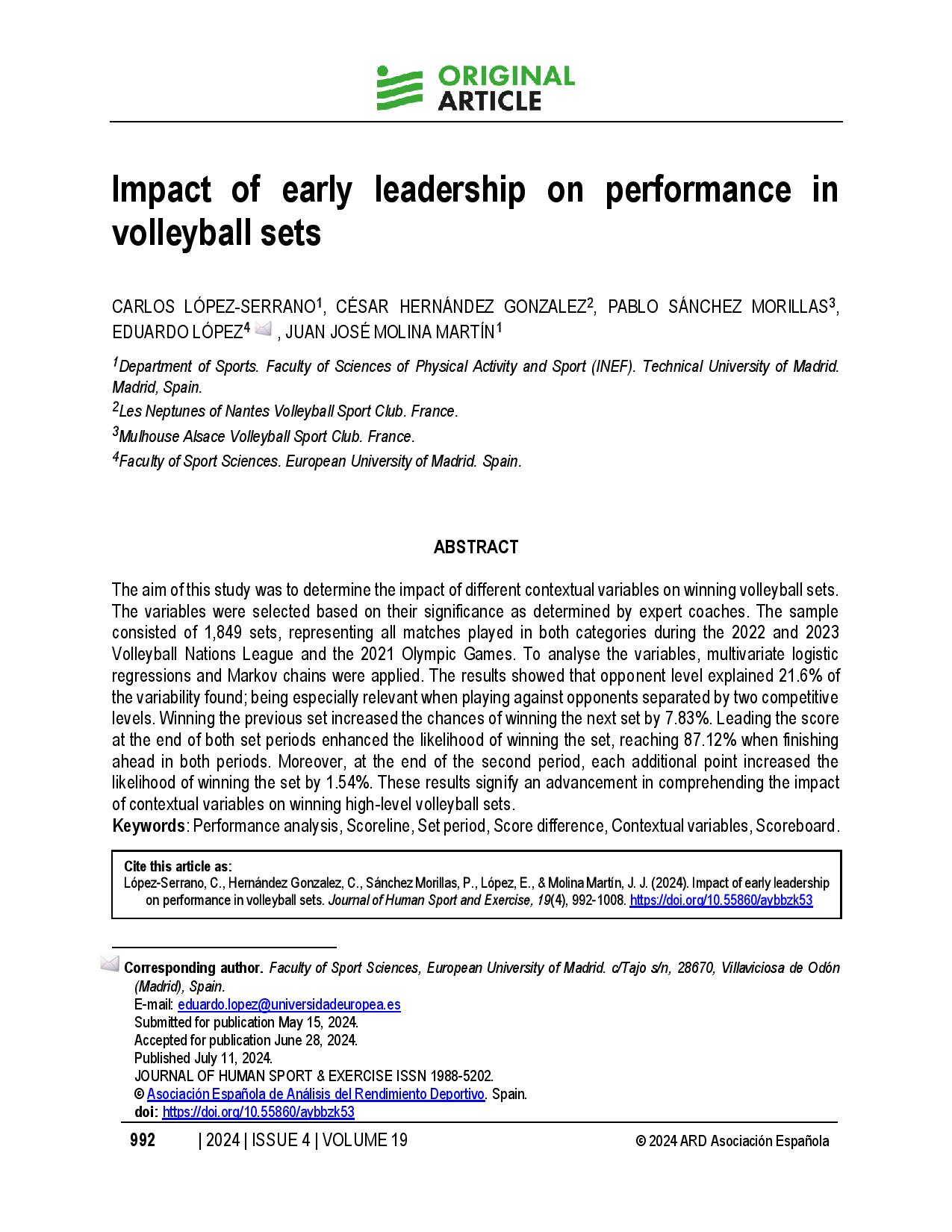 Impact of early leadership on performance in volleyball sets