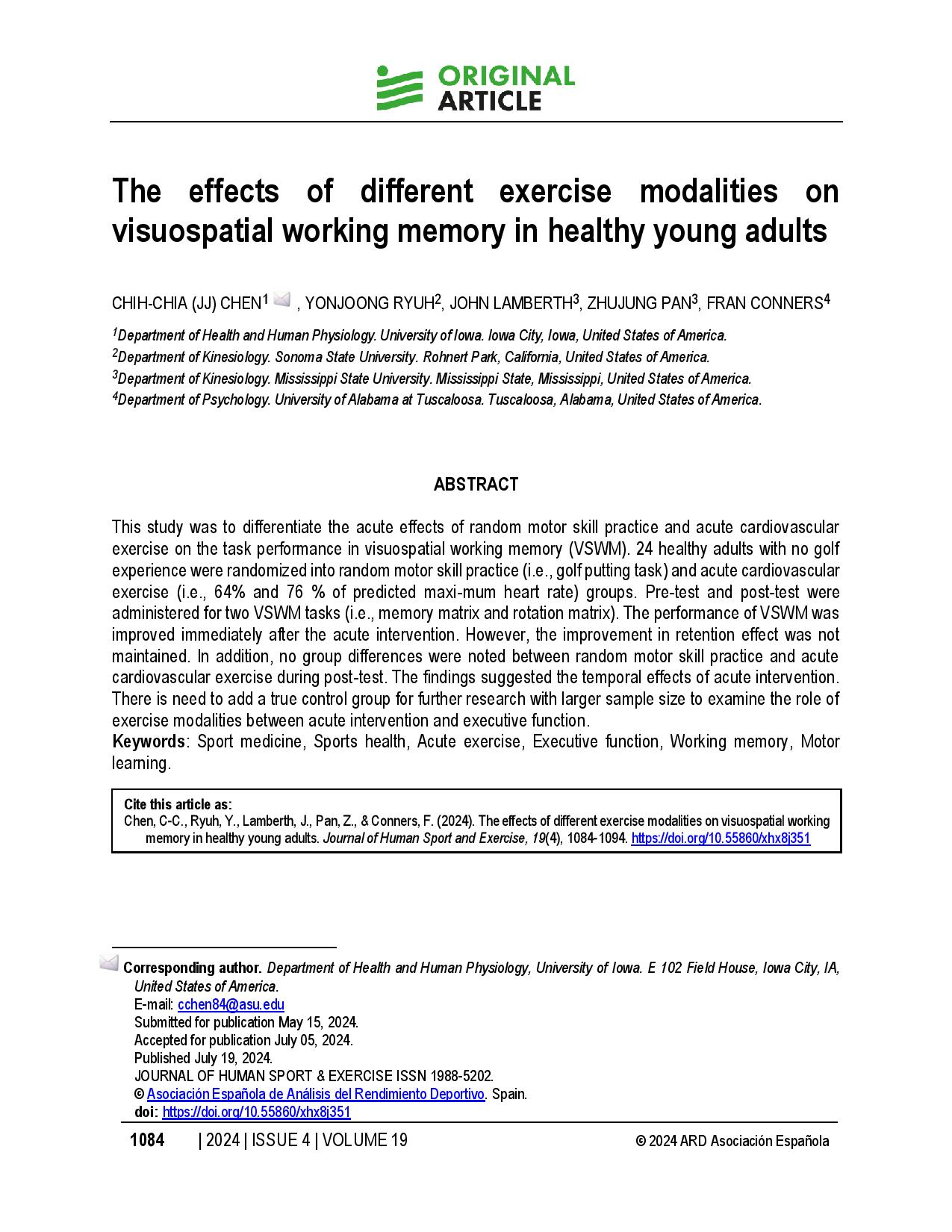 The effects of different exercise modalities on visuospatial working memory in healthy young adults